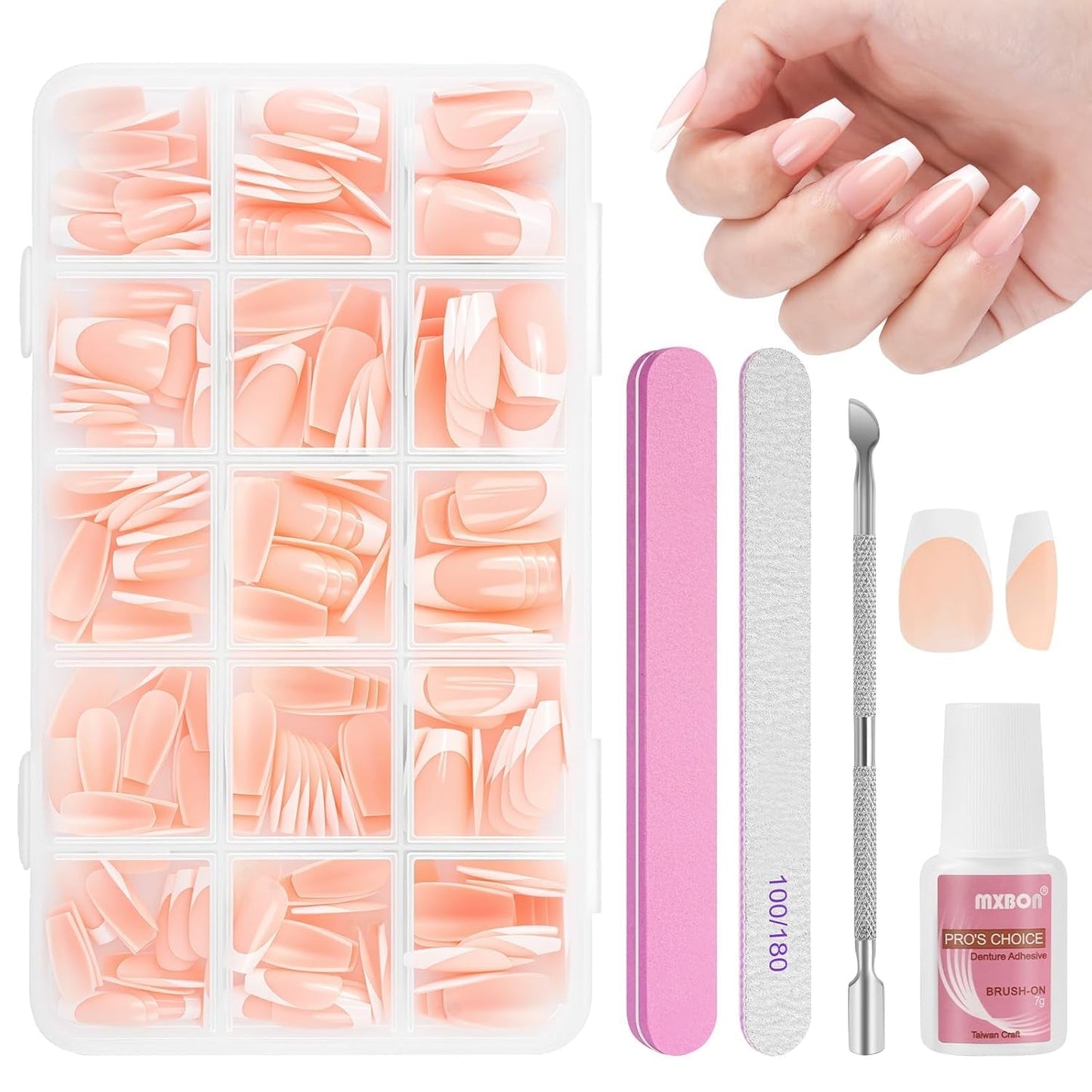 Juego de 240 puntas de uñas postizas, prensa francesa en uñas postizas, prensa en uñas francesas, 12 tamaños, uñas postizas con pegamento para mujeres y hombres (blanco desnudo, almendra mediana)