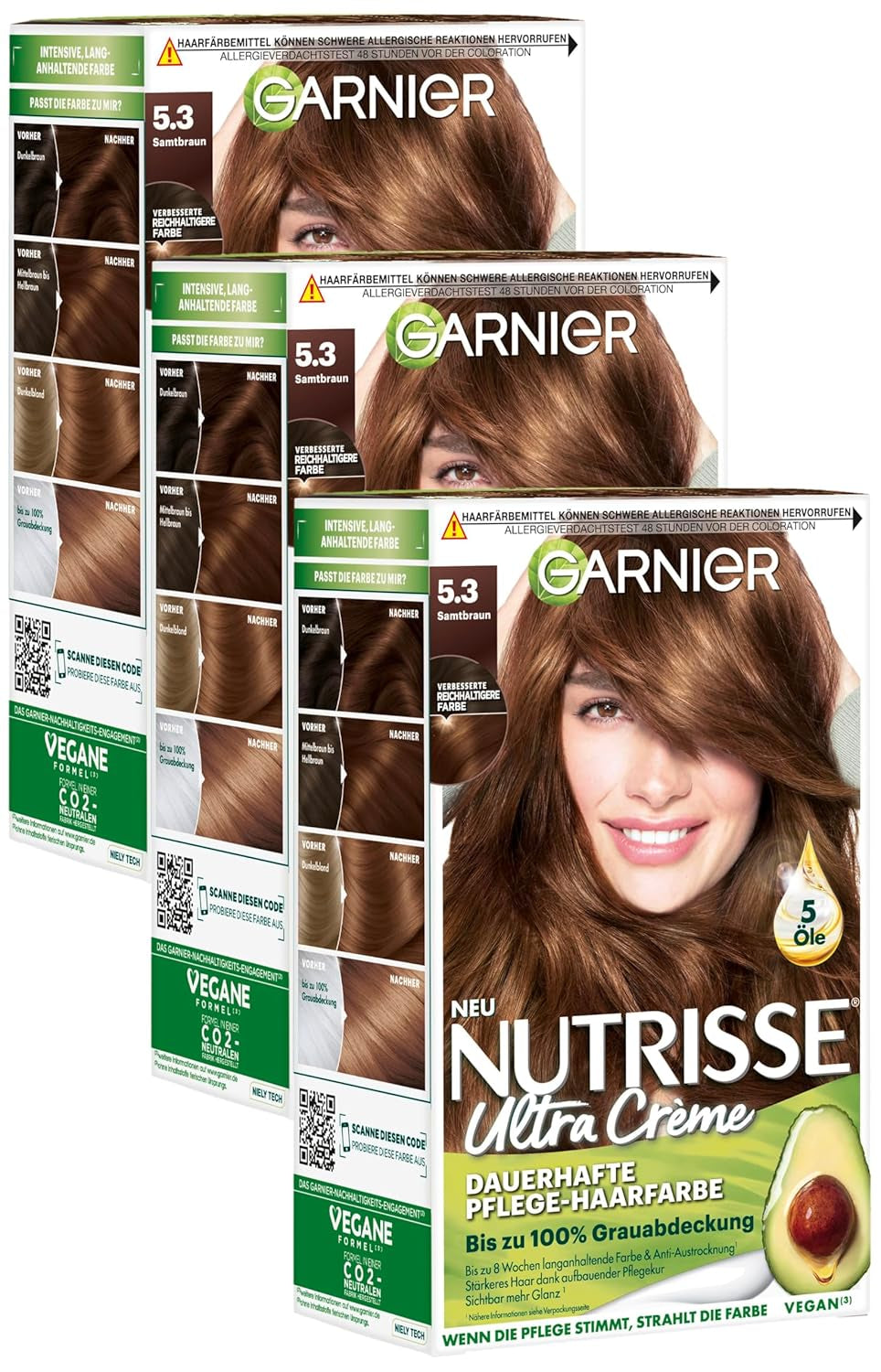 Garnier Nutrisse Color de cabello de cuidado permanente con aceites de frutas nutritivos Color de fijación de 8 semanas Tinte ultra crema 053 Marrón terciopelo (paquete de 3) Naty Shop Color de cabello Título predeterminado
