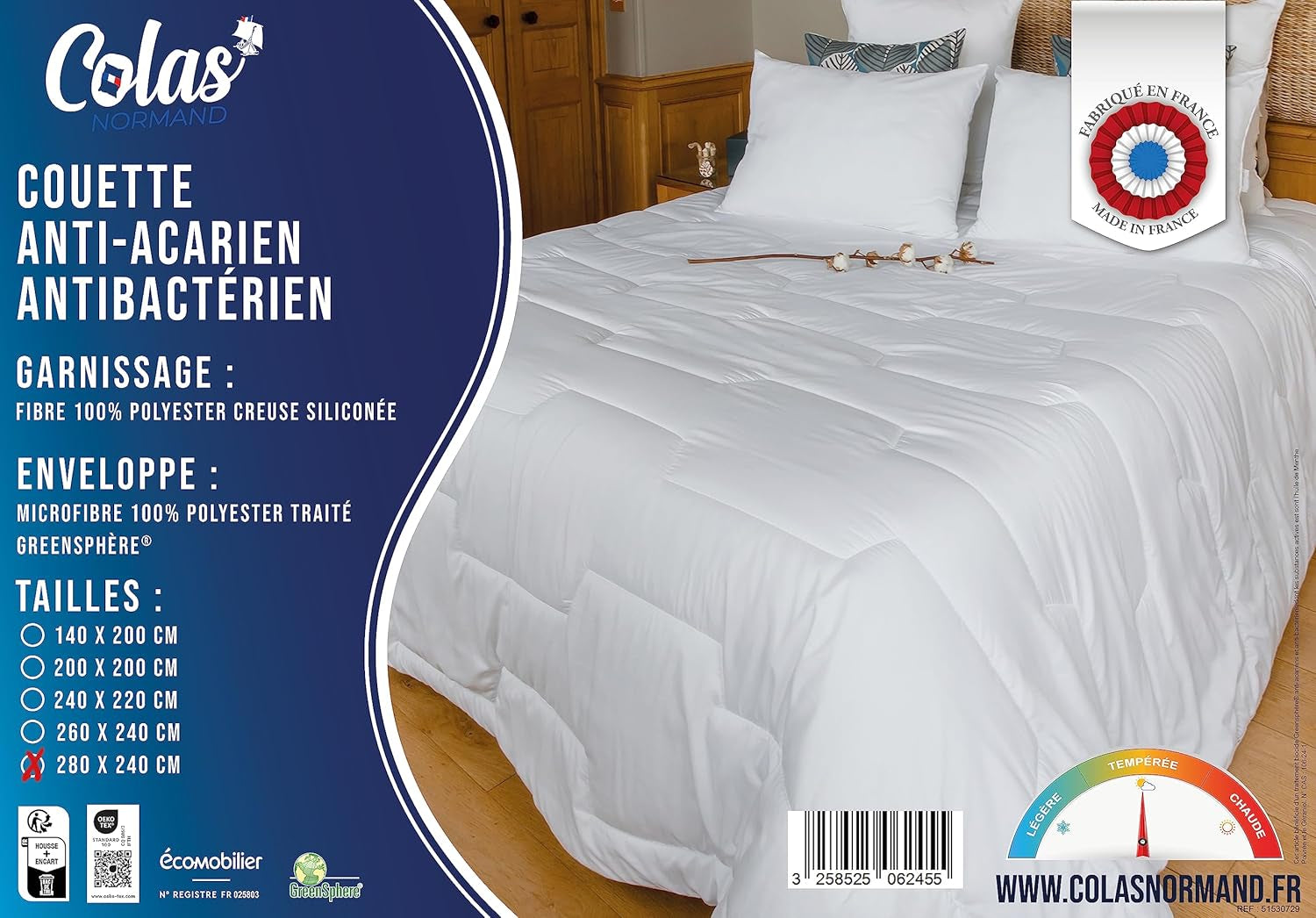 COLAS NORMAND - Edredón contra ácaros y bacterias - Templado - 280 X 240 Cm - Efecto de larga duración - Perfecta higiene - Microfibra - Suave y confortable - Lavable Edredones y edredones Naty Shop