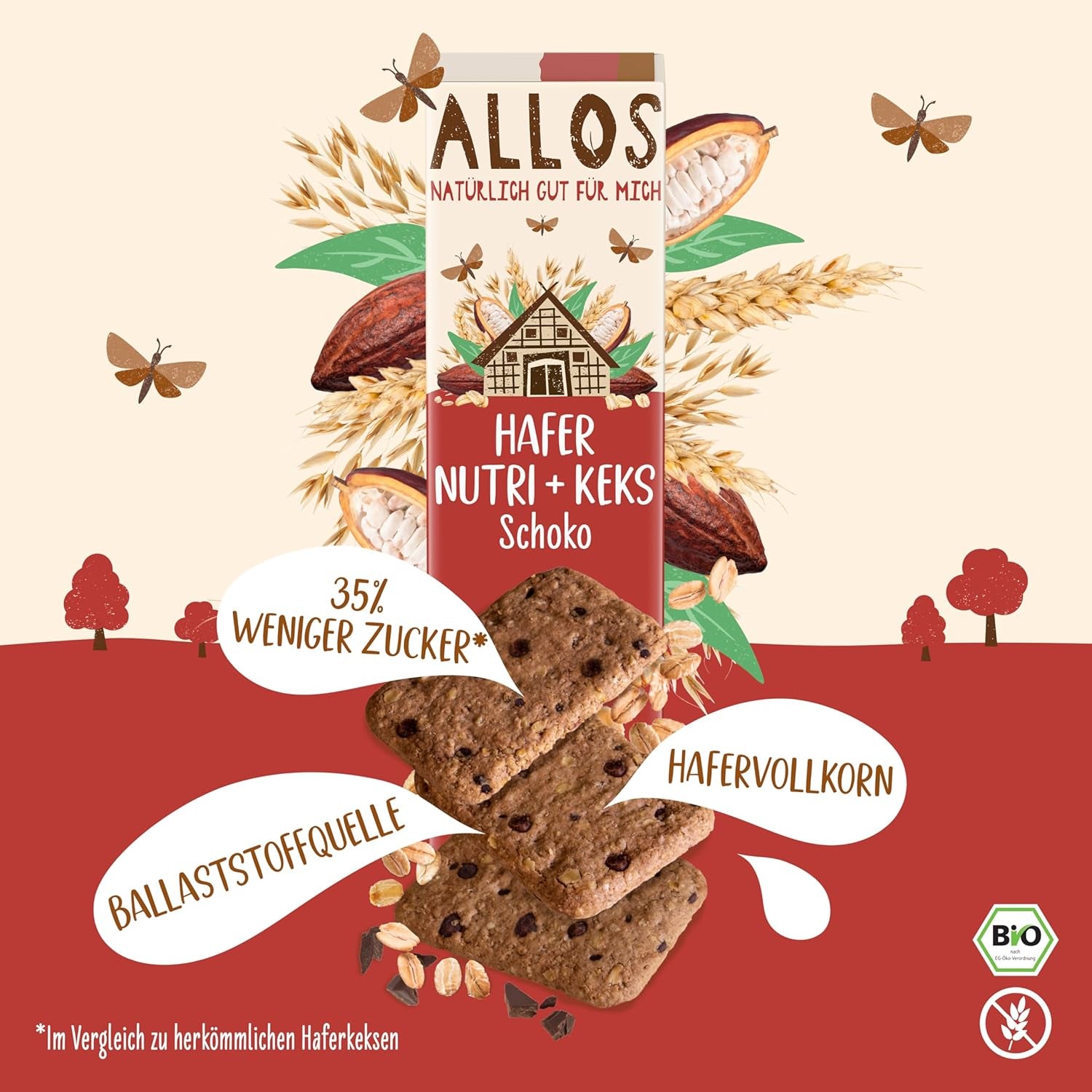 Galletas con avena y chocolate ecológico Allos | Galleta Crujiente De Avena Integral Y Chocolate | Endulzar con miel 6 x 130g