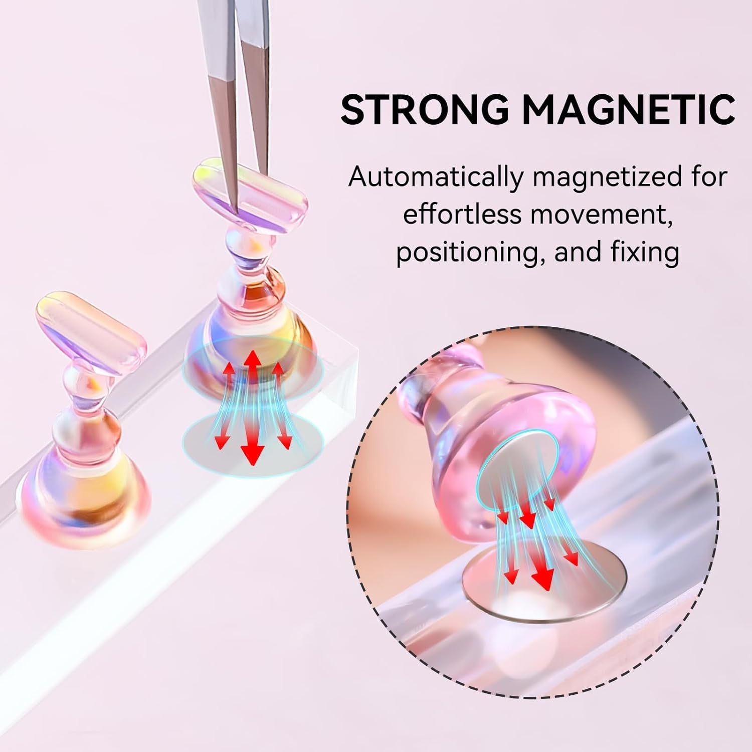Makartt Soporte para uñas acrílico, soporte magnético para uñas, soporte para uñas, soporte para uñas transparente rosa con 48 masillas adhesivas