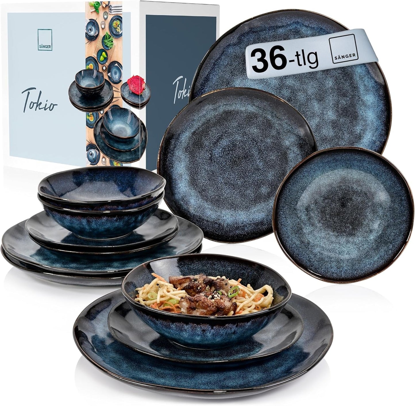 Sanger | Juego de vajilla Tokyo de 36 piezas Juego de vajilla de porcelana para 12 personas Vajilla moderna hecha a mano en color azul oscuro con detalles en negro | LA COLECCIÓN PREMIUM