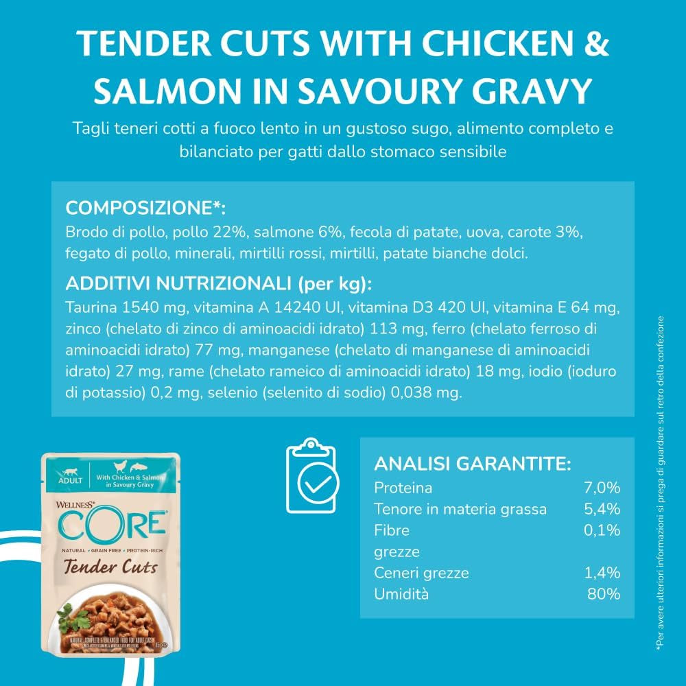 Wellness CORE Tender Cuts 6 x 85g, Mezcla Selección de Pollo - Comida húmeda para gatos, trozos tiernos en salsa, sin cereales, natural, hipoalergénico, rico en proteínas, alto contenido en carne