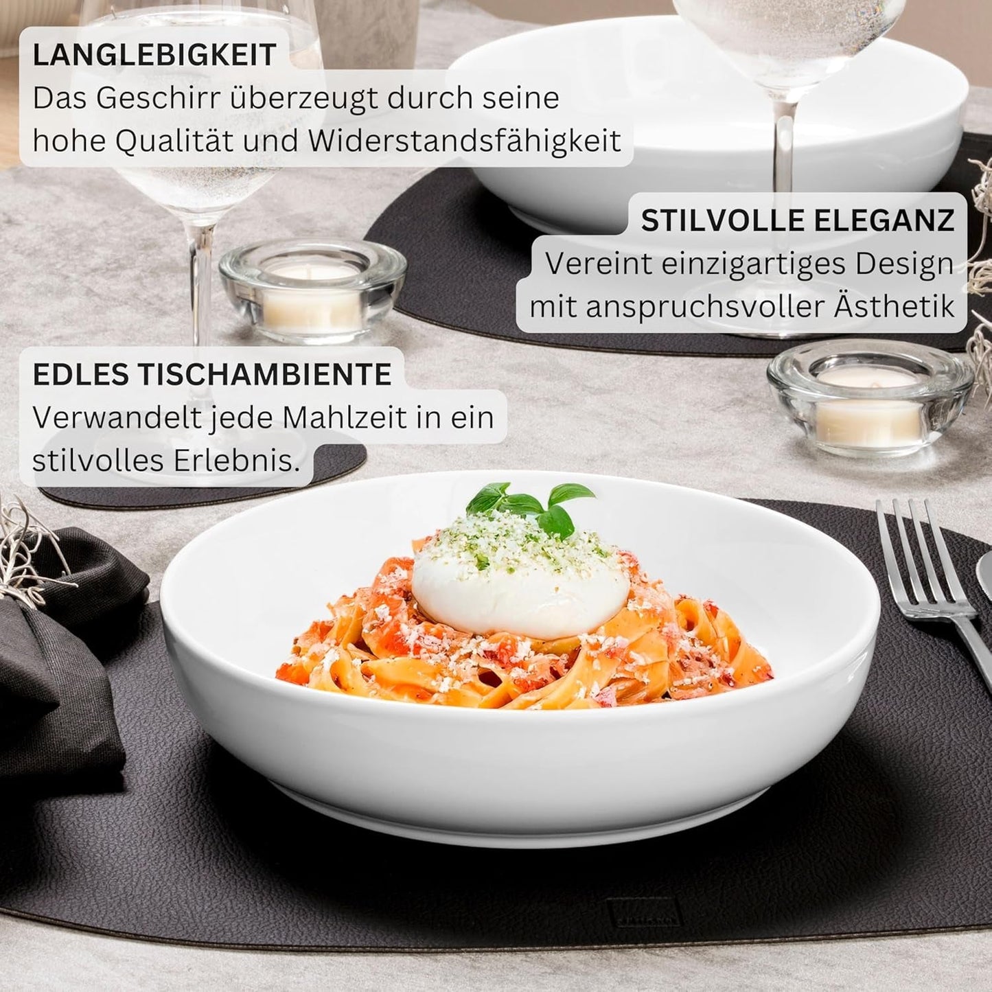 SANGER | Marlo Vajilla Blanca de 24 Piezas Vajilla para 6 con Platos de Postre, Platos Llanos, Cuencos y Cuencos de Cereal Juego de Platos Llanos de Porcelana Vajilla Diseño Moderno COLECCIÓN PREMIUM