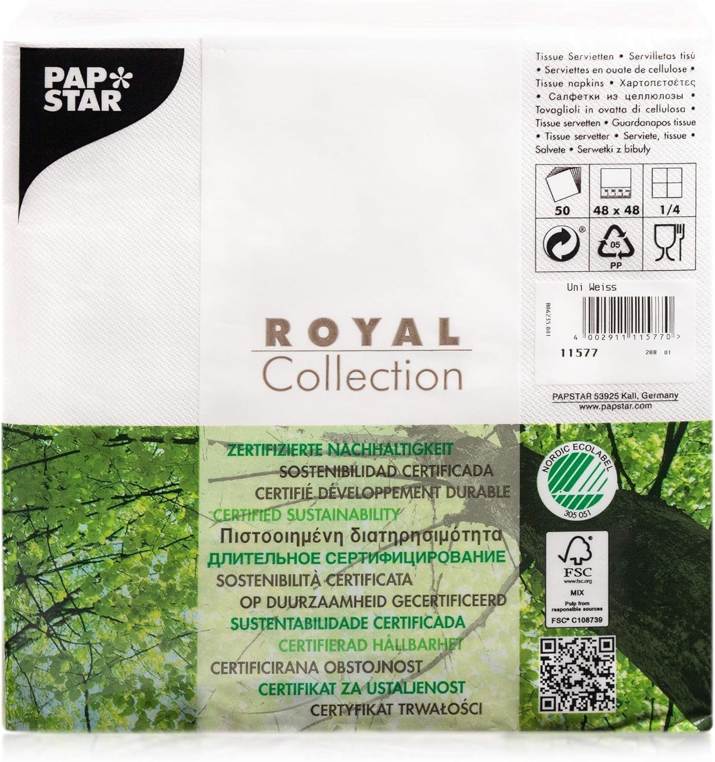 Papstar, 50 servilletas "Colección ROYAL" pliegue 1/4 48 Cm X 48 Cm Blanco, #11577