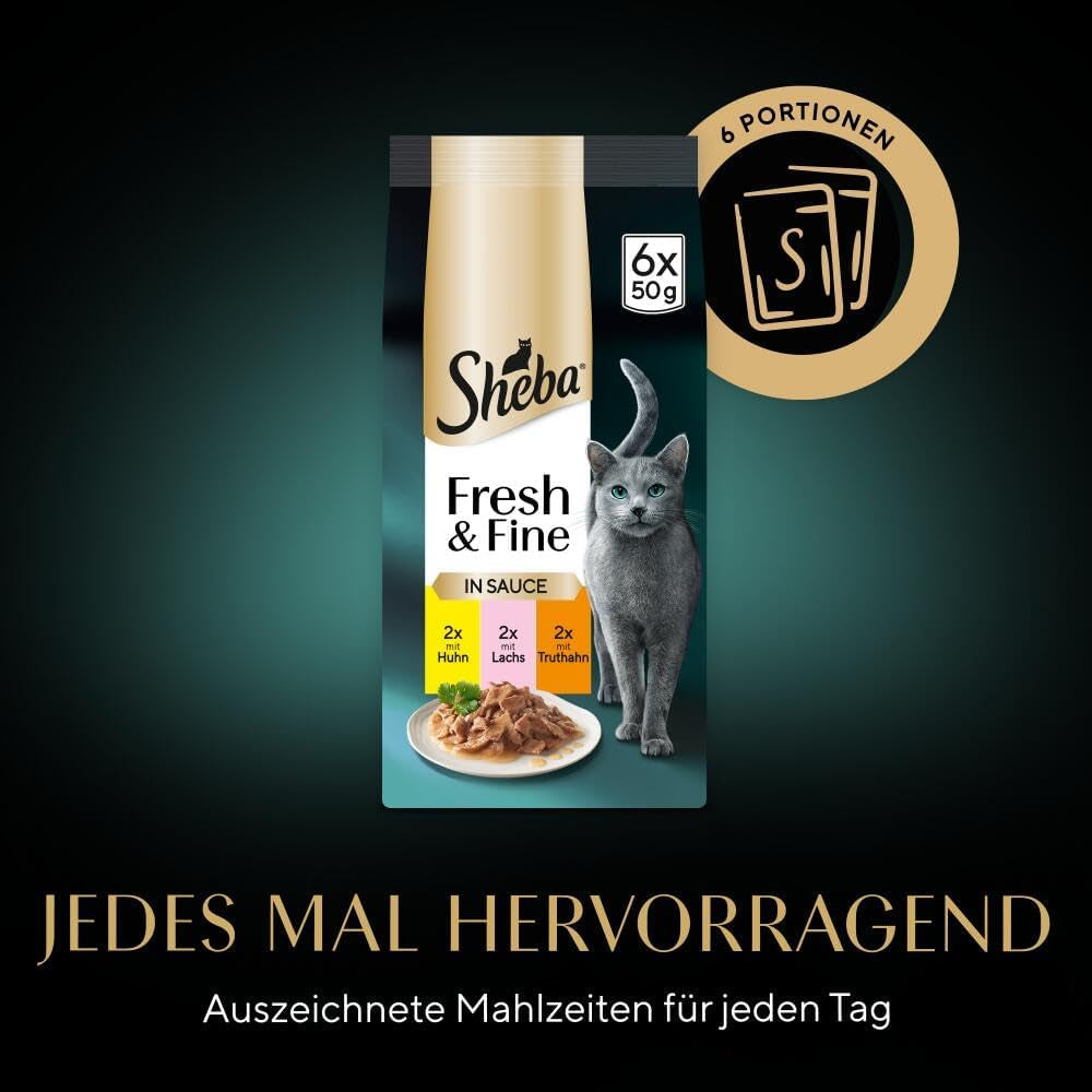 Sheba Portion Bolsas Comida húmeda para gatos, multipack Fresh & Fine en salsa con pollo y salmón MSC, 6x6x50g - Comidas finas para gatos en salsa