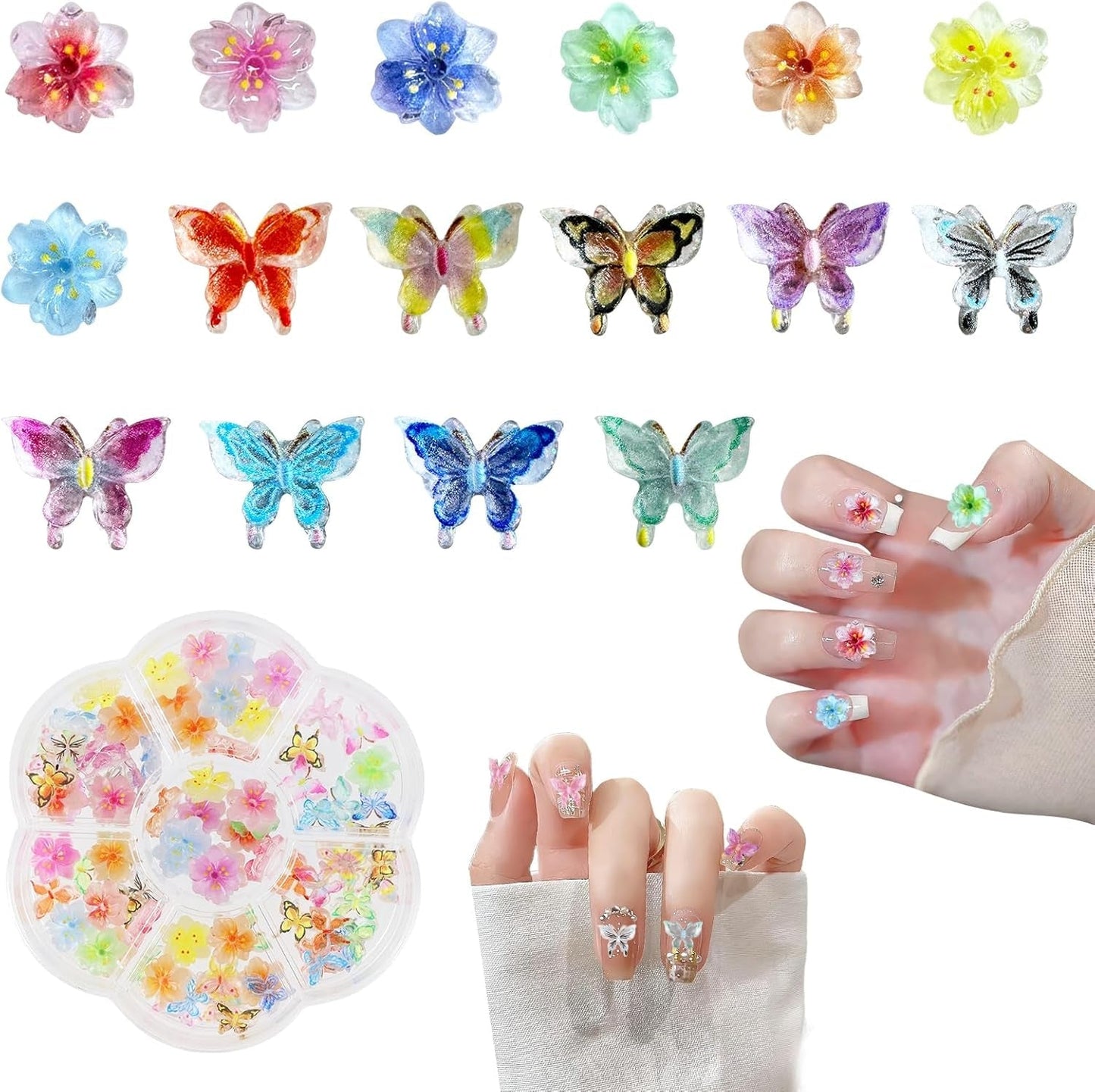 YICH Nail Charms Nägel Charms 50 Piezas Flores 3D + 50 Piezas Schmetterling 3D, Summer Nägel Deko Set Schmetterling/Flores Nail Art Nailart
