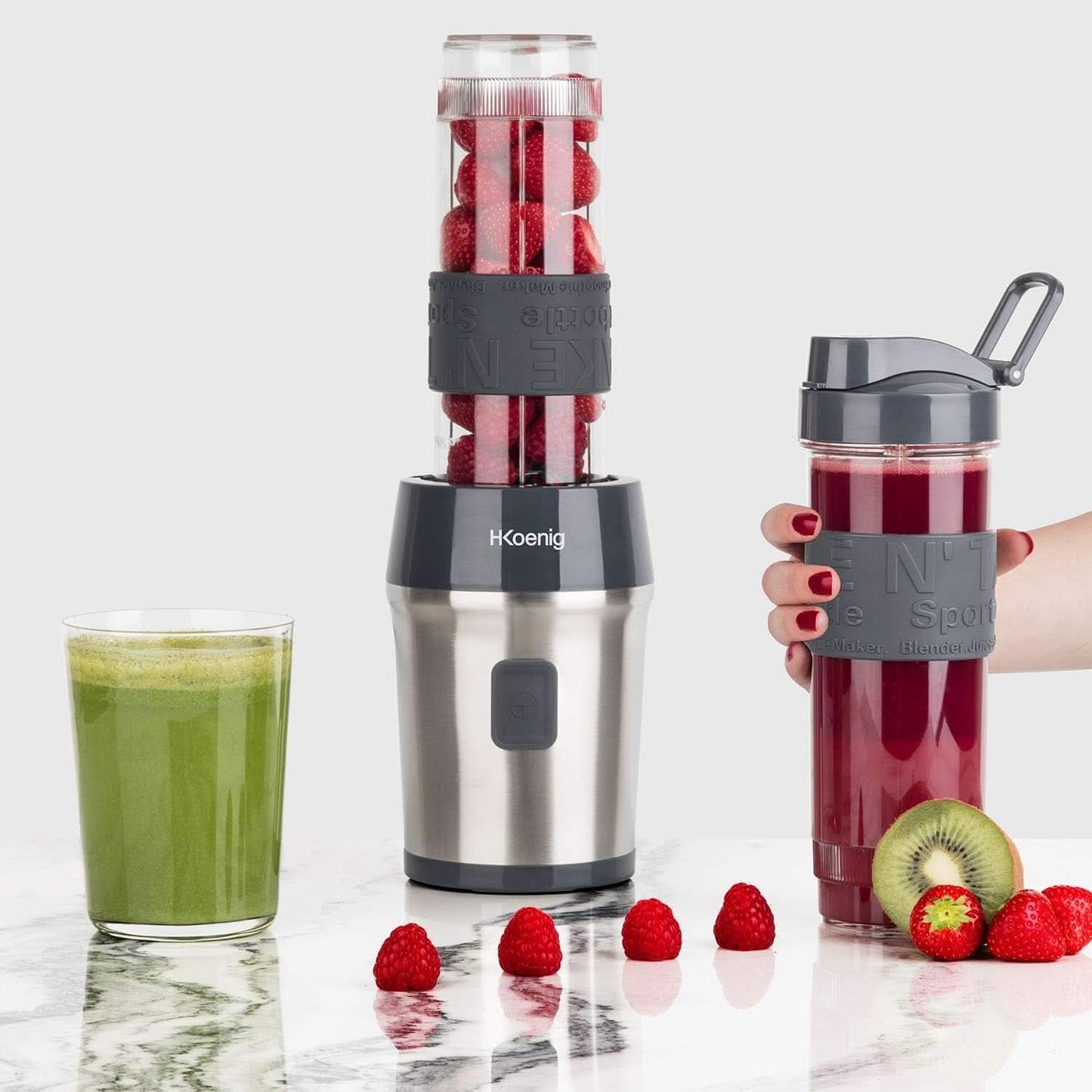 H.Koenig Smoothie Maker SMOO9 - Mini Batidora De Pie - Mini Batidora - 300 Watt - 570 Ml - Edelstahl - 2 Kunststoffflaschen - Bpa-Frei, Grau Kitchen Naty Shop