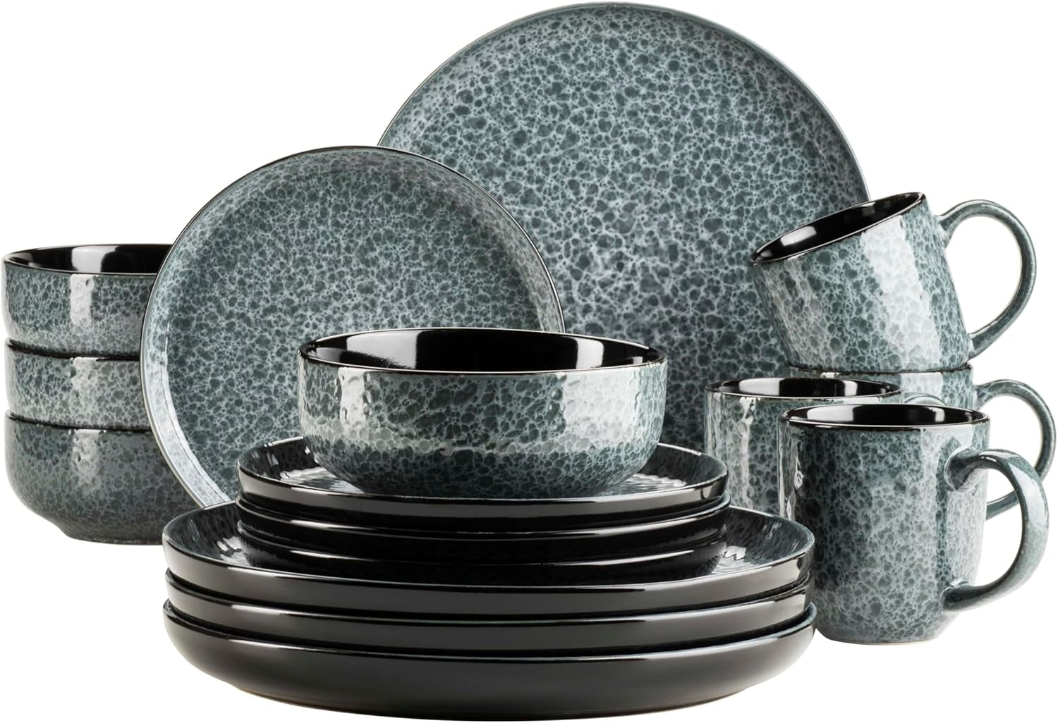 MÄSER 934110 Serie Filippa, Juego de vajilla de cerámica para 4 personas, Juego de vajilla combinado moderno con 16 piezas; Platos, cuencos y tazas con esmalte reactivo en verde y negro, Gres, Verde