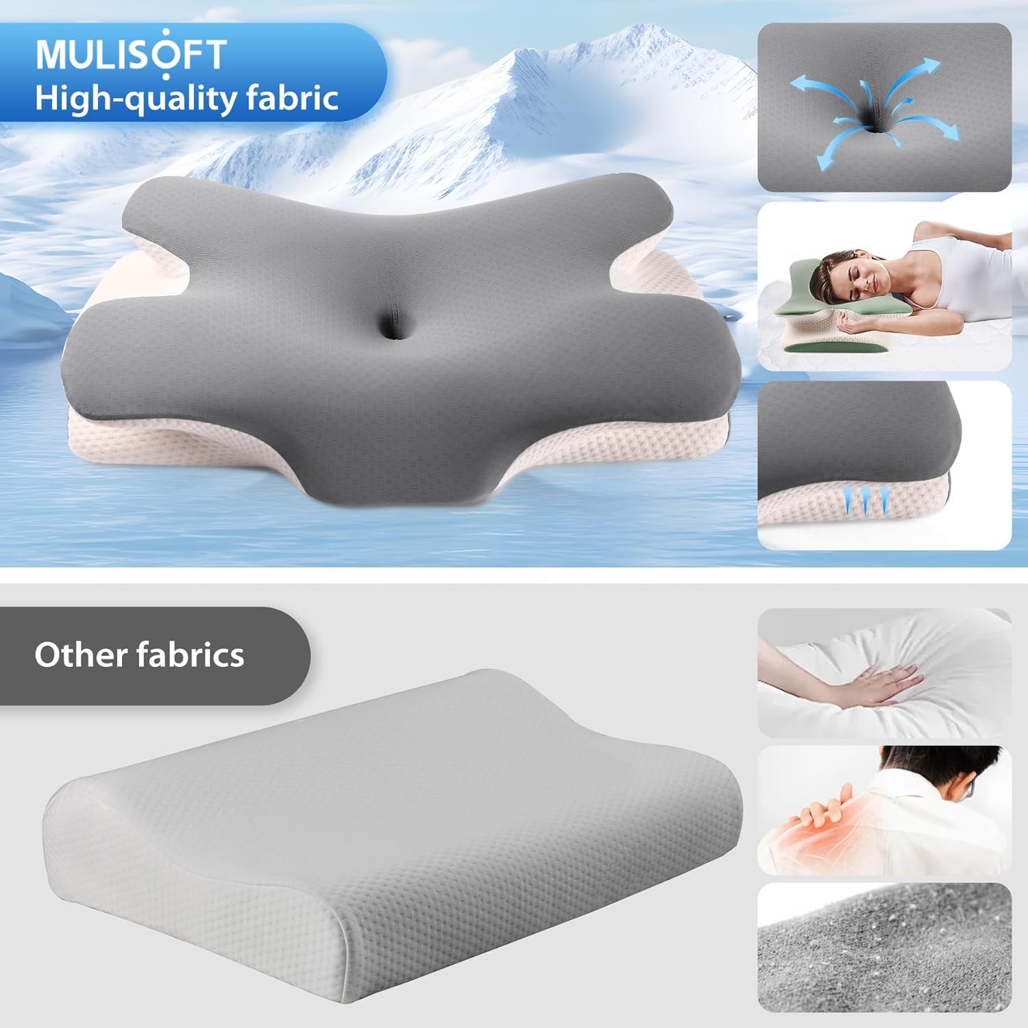 MULISOFT Almohada viscoelástica, cómoda almohada para la cabeza, almohada de apoyo para el cuello, almohada ergonómica para dormir de lado (gris) Almohadas ortopédicas cervicales Naty Shop