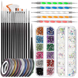 FANDAMEI Juego de Pinceles para decoración de uñas, Pinceles para uñas de Gel de 15 Piezas, bolígrafos de Puntos de 5 Piezas, Cintas de Cinta de 10 Rollos, Puntas de Strasssteine ​​​​Nägel, Paillettes Ultra Dünn para Manicura de Arte de uñas
