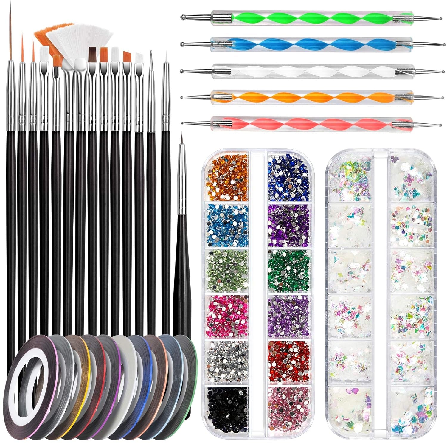 FANDAMEI Juego de Pinceles para decoración de uñas, Pinceles para uñas de Gel de 15 Piezas, bolígrafos de Puntos de 5 Piezas, Cintas de Cinta de 10 Rollos, Puntas de Strasssteine ​​​​Nägel, Paillettes Ultra Dünn para Manicura de Arte de uñas