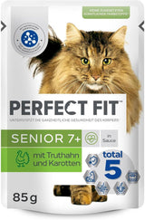 PERFECT FIT™ Bolsas de porciones para gatos mayores con pavo y zanahorias, 12 x 85 g