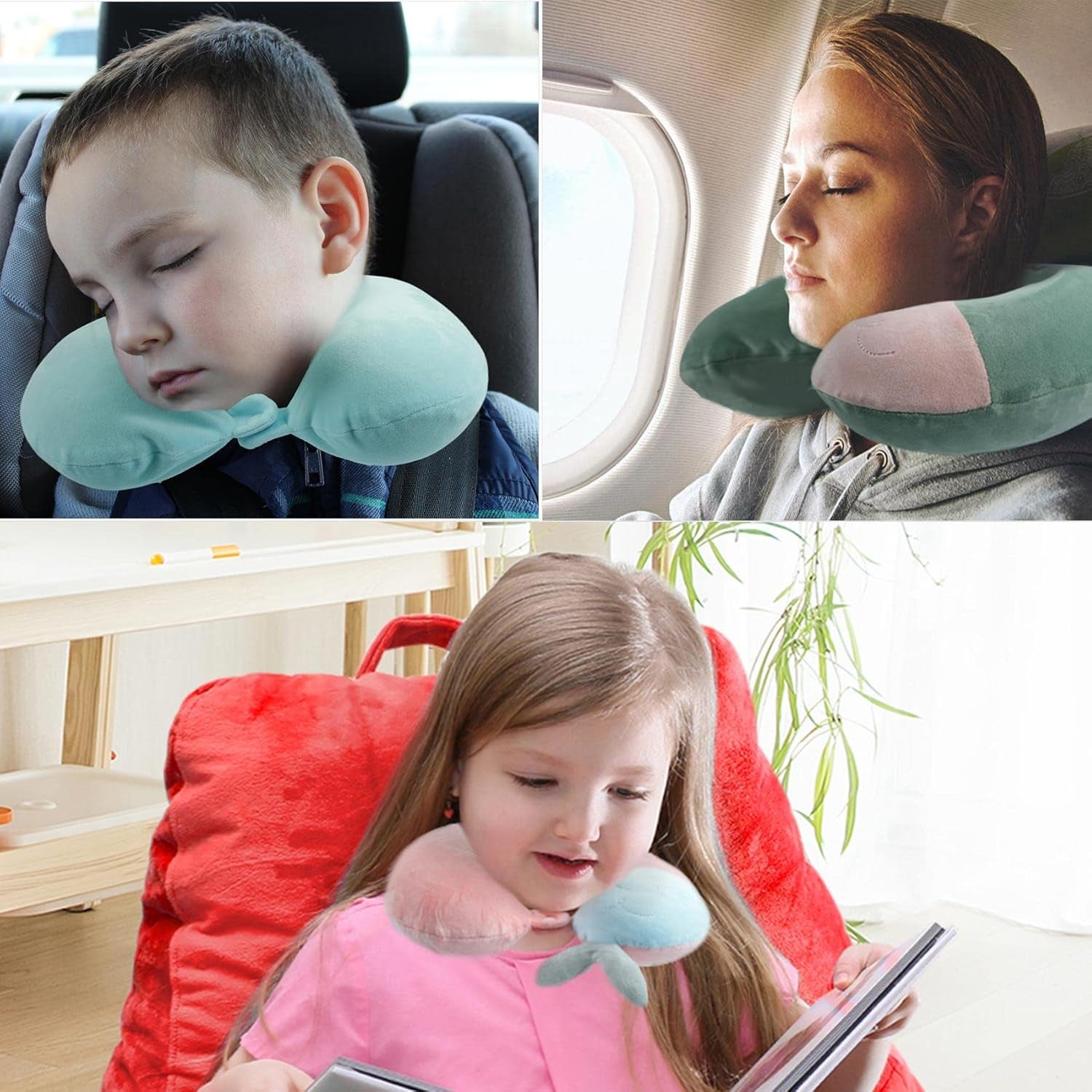 Almohada para el cuello Almohada para el cuello para niños para avión, automóvil, tren, viaje, almohada de viaje de espuma viscoelástica para adultos, almohada en forma de U con patrón de animales lindo, funda desmontable (Rosa2) Almohadas ortopédicas cervicales Naty Shop