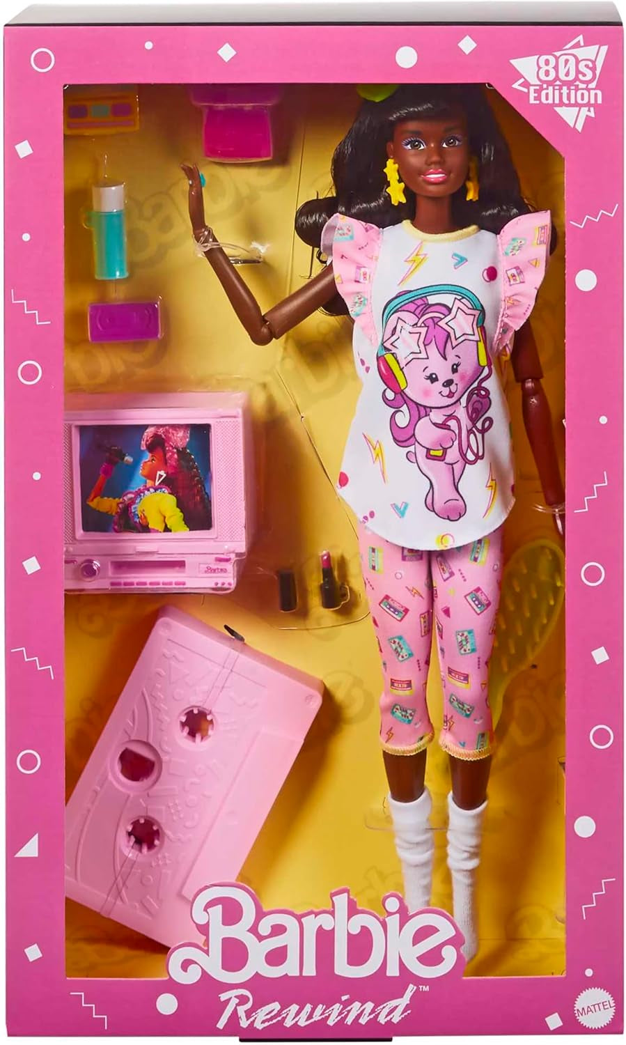 Barbie Rewind - Figura coleccionable nostálgica estilo años 80 con hermoso cabello y atuendo, incluye TV, palomitas de maíz y teléfono, para fanáticos y coleccionistas, HJX19