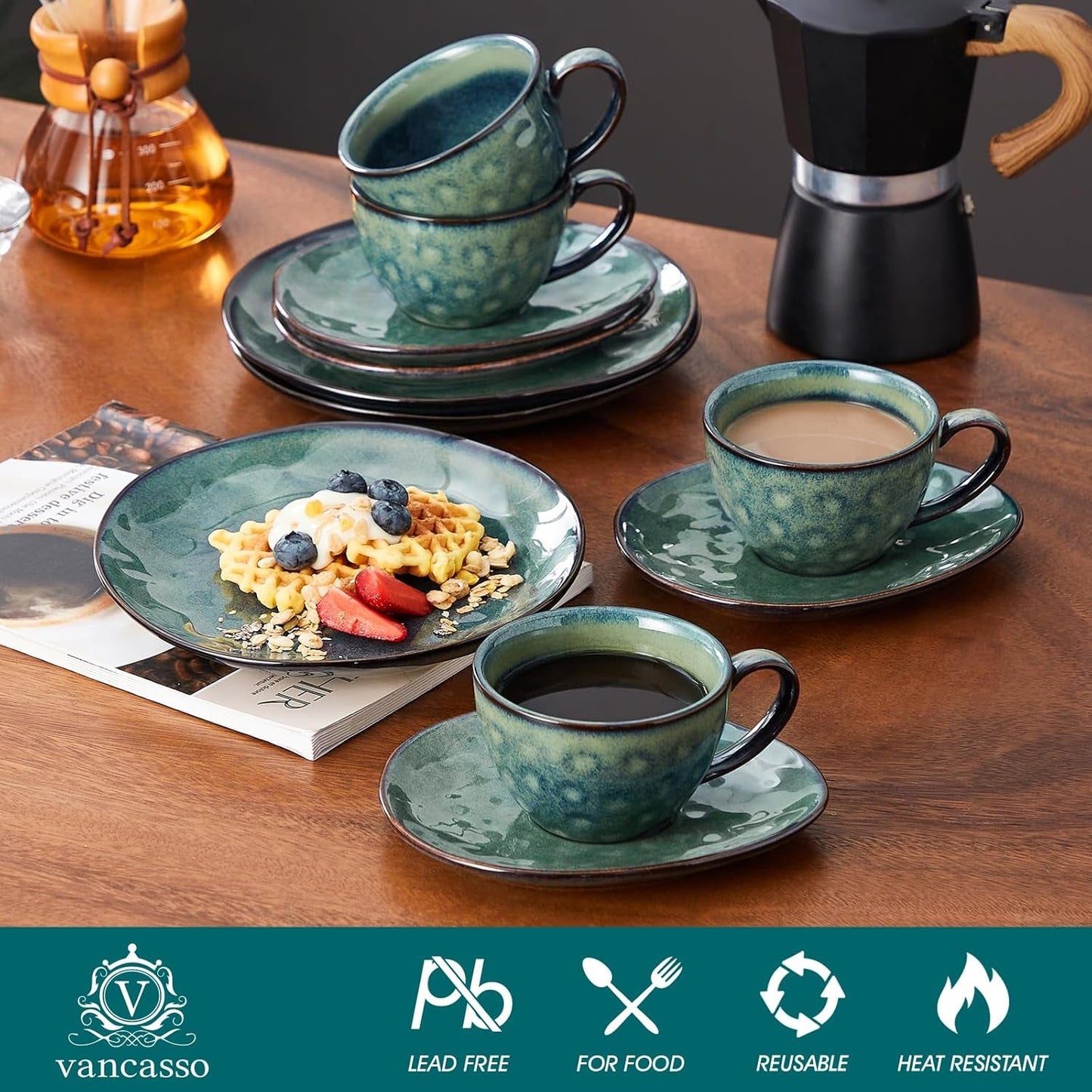 Vancasso Servicio de café de gres STARRY Juego de café de 12 piezas para 4 personas Incluye tazas de café y platillos Aspecto vintage