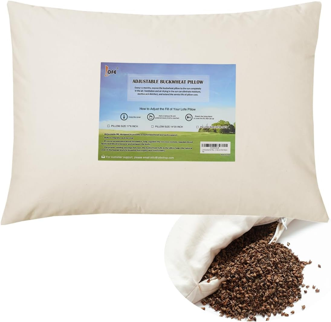 LOFE Almohada para Dormir de Trigo Sarraceno orgánico, 35,6 x 50,8 cm, Soporte Cervical para Dormir Fresco, Ajustable, Transpirable, para Dormir boca arriba y de Lado (cascos de Trigo sarraceno Tartar) Naty Shop Almohadas estándar Color Crema Tamaño japonés (14 x 20 Pulgadas)