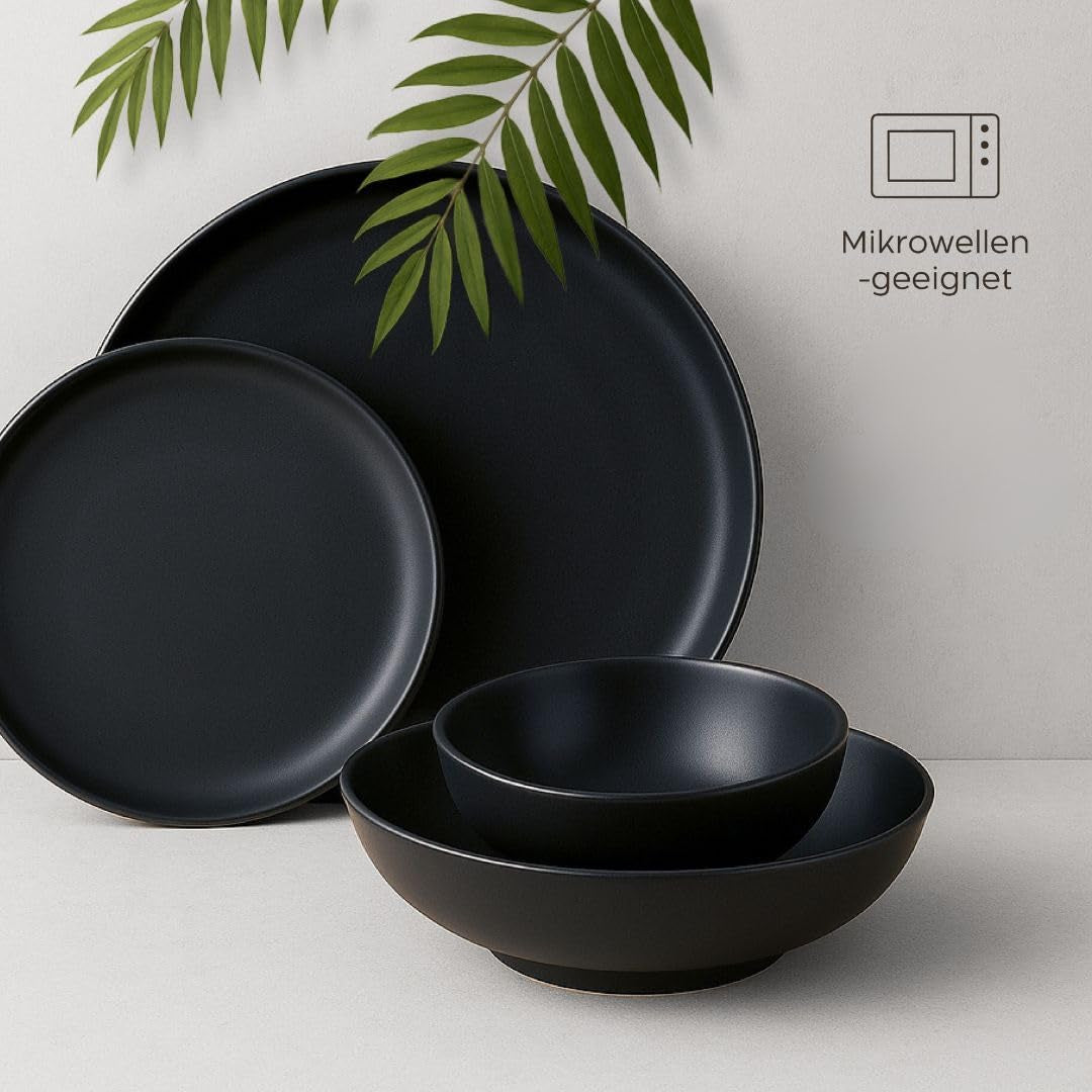 Juego de platos de gres para 6 - Negro mate Juego de 6 piezas Platos grandes aptos para microondas Diseño elegante - Colección Twinzee Ebony