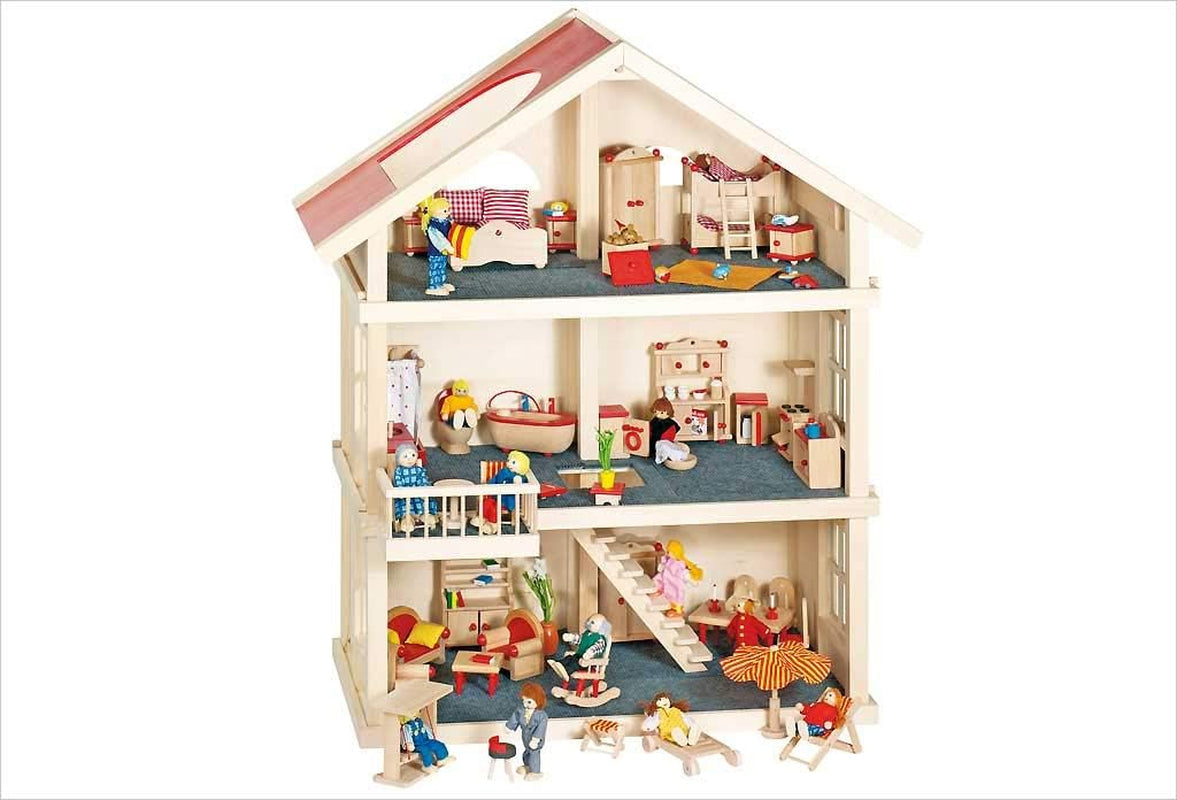 51957 Casa de muñecas de madera, 65 x 35 x 87,5 cm - Casa de muñecas grande de madera, 3 pisos, diseño abierto, techo rojo, escaleras y balcón para juegos de rol creativos, mundo de juegos de casa de muñecas