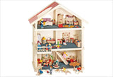 51957 Casa de muñecas de madera, 65 x 35 x 87,5 cm - Casa de muñecas grande de madera, 3 pisos, diseño abierto, techo rojo, escaleras y balcón para juegos de rol creativos, mundo de juegos de casa de muñecas