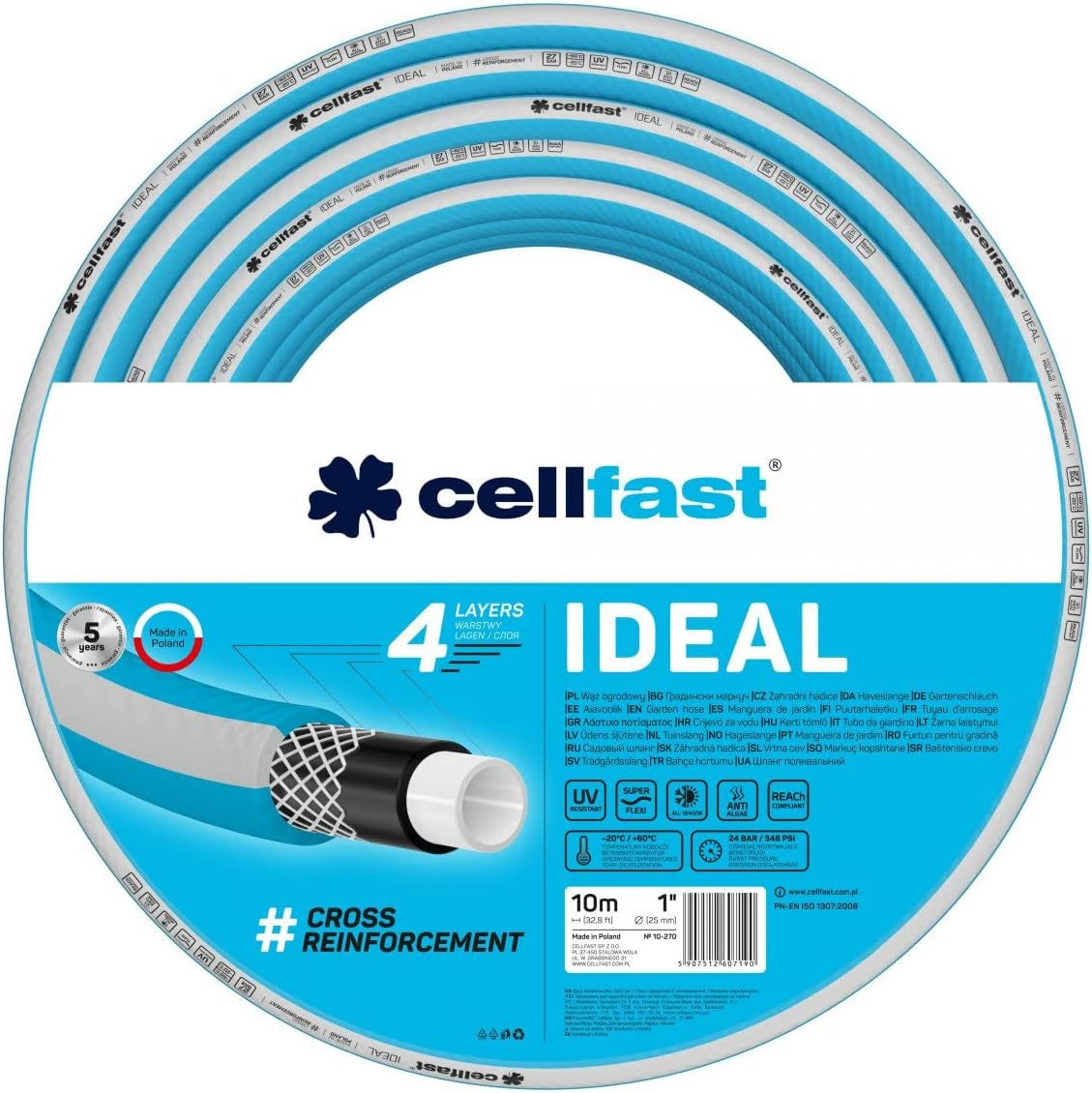 Manguera de jardín Cellfast IDEAL, Duradera, Flexible, 4 capas, Trenza cruzada duradera, Resistente a los rayos UV y a las algas, Tecnología REACH, 27 bar, -20/+60° corta duración 1", 10m