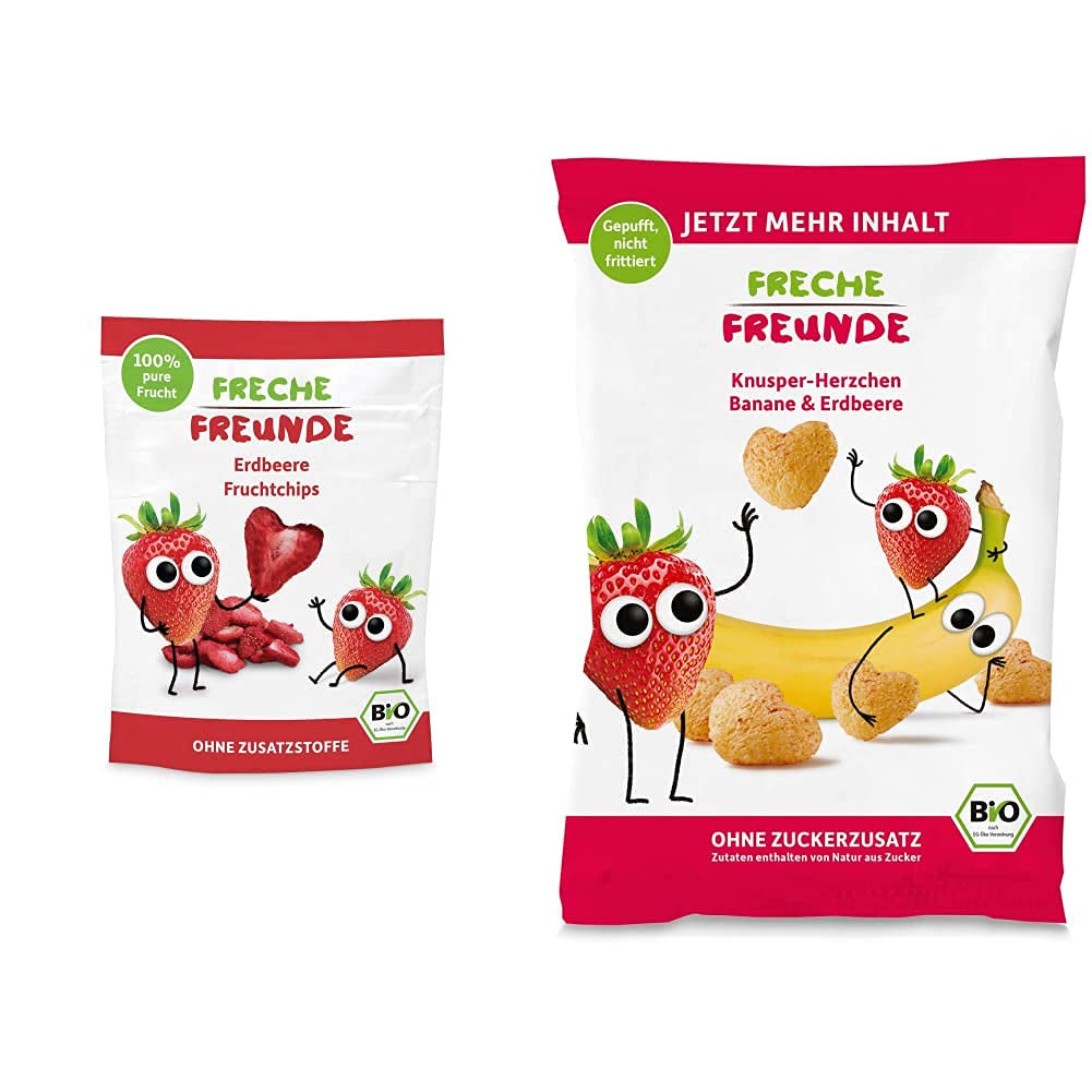 Chips de frutas orgánicas 100 % fresa Chips de fresa liofilizados, paquete de 12 (12 x 12 g) y bocadillos orgánicos para niños y bebés con corazones crujientes de plátano y fresa (9 x 30 g) 270 g