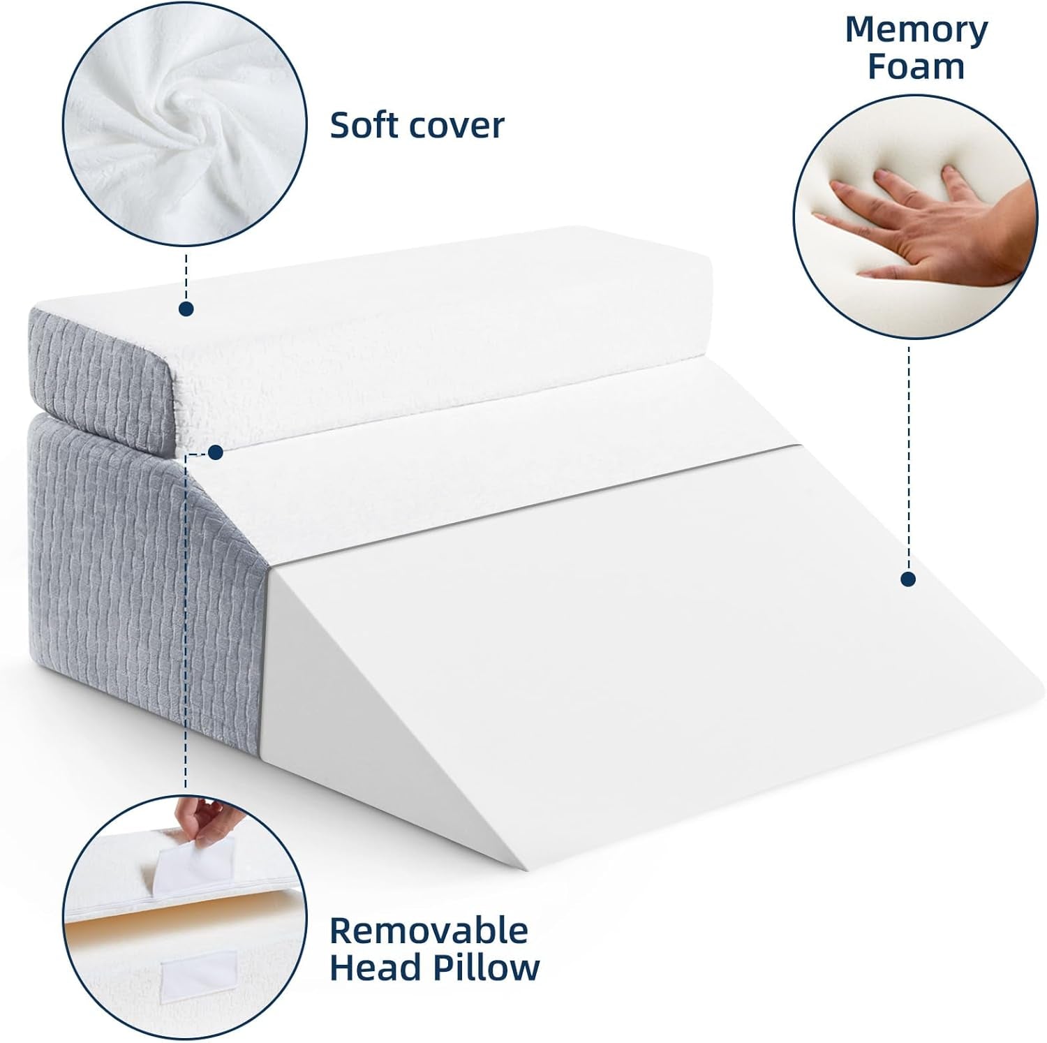 Almohada de lectura y almohada elevadora de piernas de plumas, almohada de espuma viscoelástica para cuello, espalda y piernas, almohada multifuncional desmontable para cama, sofá, sentarse, dormir y descansar, 58x55x28cm