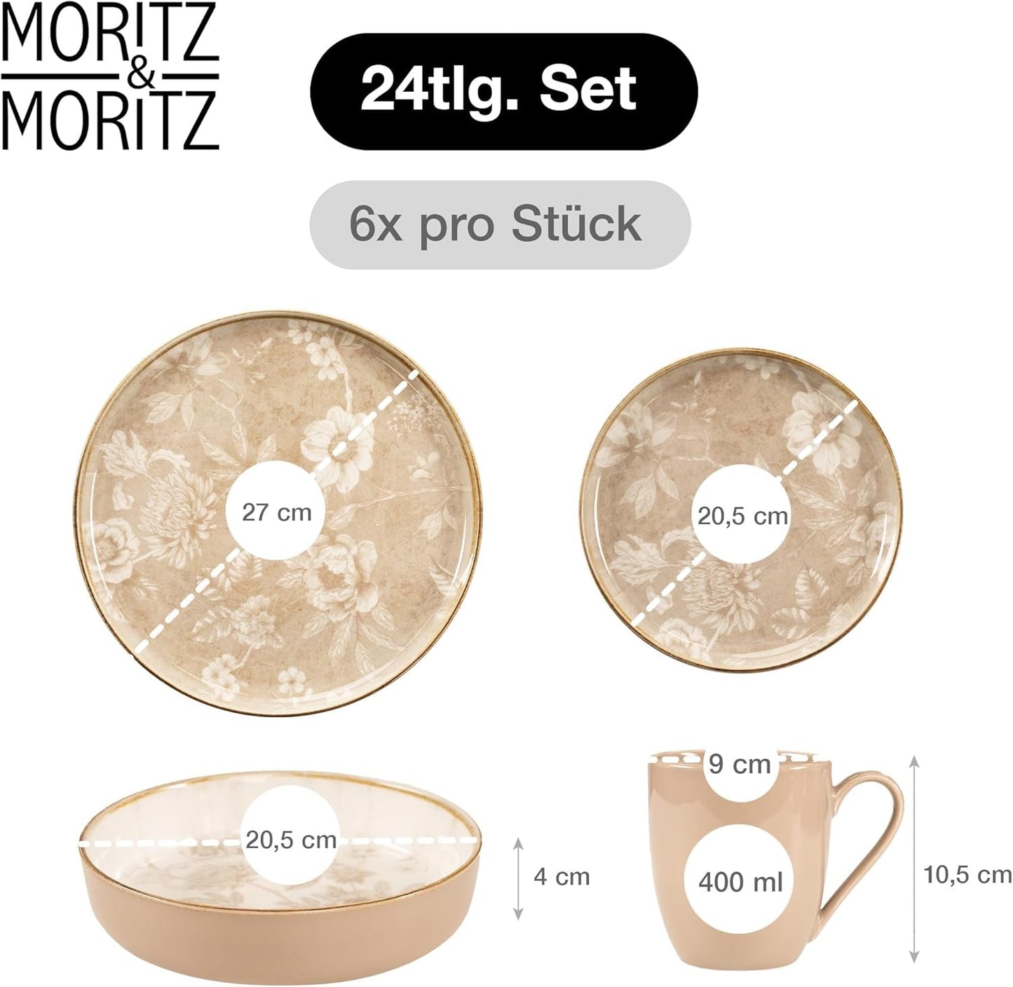 Moritz & Moritz MARIELLA Vajilla de gres de 24 piezas para 6 personas - Vajilla beige moderna con un diseño divertido, servicio de café de fácil cuidado con platos, cuencos y tazas - Juego combinado