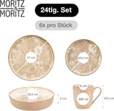Moritz & Moritz MARIELLA Vajilla de gres de 24 piezas para 6 personas - Vajilla beige moderna con un diseño divertido, servicio de café de fácil cuidado con platos, cuencos y tazas - Juego combinado