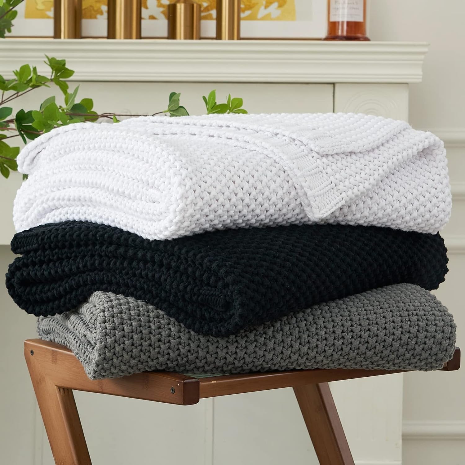 Manta de punto grueso, Ligera, Beige, 100% algodón orgánico, Manta para sofá, sofá, cama, niño, habitación infantil, Rústica, Shabby chic, Casa de campo moderna, 152,4 X 203,2 cm, Incluye bolsa de lavandería Camas y mantas Ropa de cama Longhui Negro 60"X80", de gran tamaño