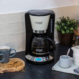 Cafetera Russell Hobbs [Temporizador digital, cabezal de ducha para una extracción y aroma óptimos] Colors+ Creme (1 a 10 tazas, jarra de vidrio de 1,25 L, placa calefactora, 1100 W) Cafetera de filtro 24033-56