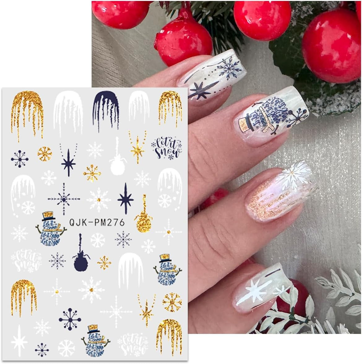 JMEOWIO Nagelsticker Weihnachten 10 Blatt Nail Art Sticker Selbstklebend Nagelaufkleber Glitter Schneeflocke Navidad Invierno Urlaub Oro Decoración Nageldesign Zubehör