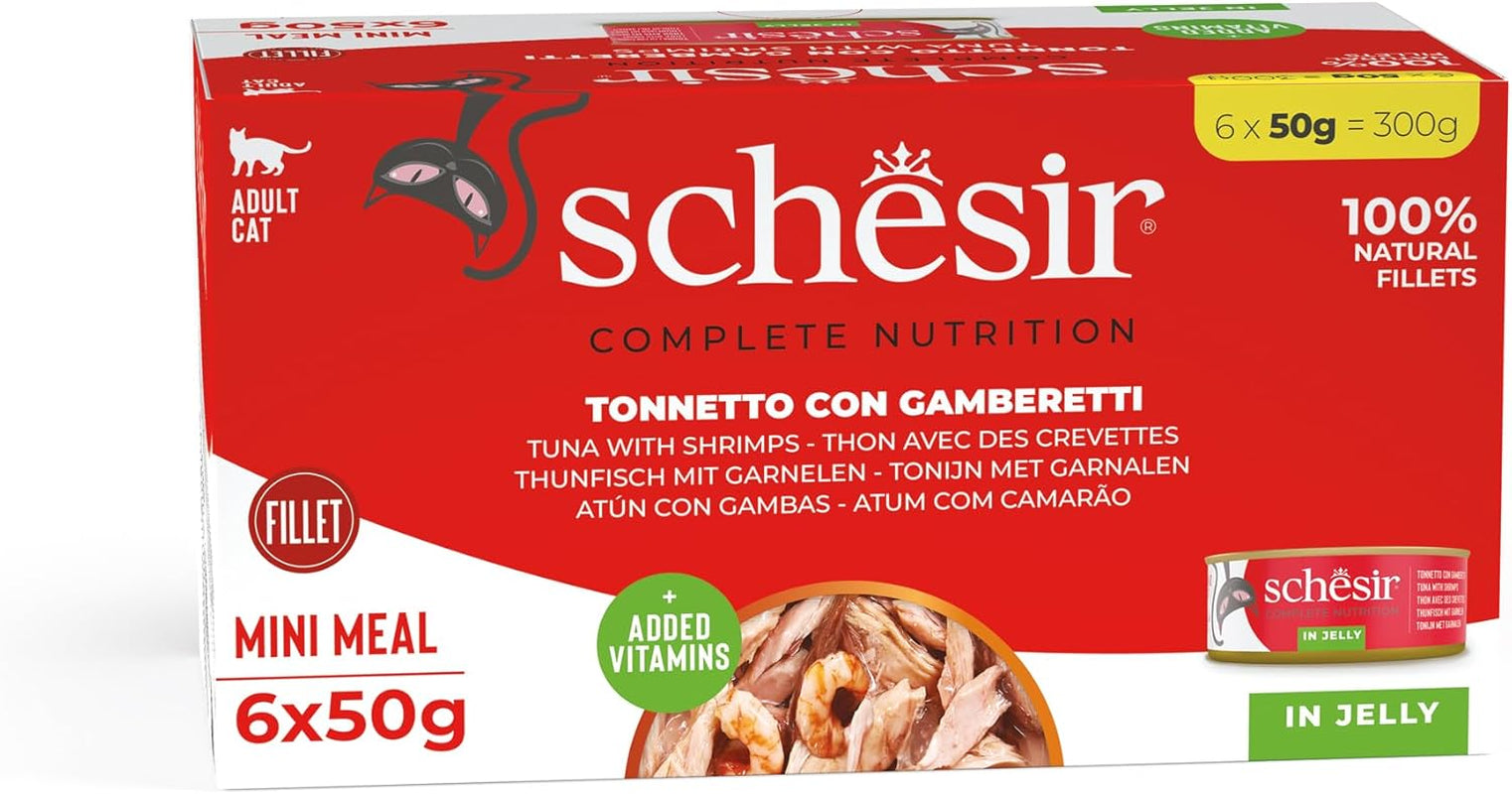 Gelatina de Atún y Camarones para Gatos, Comida Húmeda para Gatos en Gelatina, 8 x 6 Latas x 50g