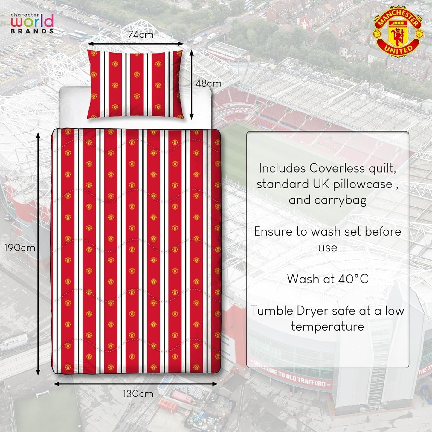Manchester United FC Edredón Individual Oficial, Reversible, Rojo y Blanco, Sin Funda, Edredón de Fútbol, Funda de Almohada, Lavable, Perfecto para Viajes, Pernoctaciones, Edredones y Edredones 10,5 Tog Naty Shop