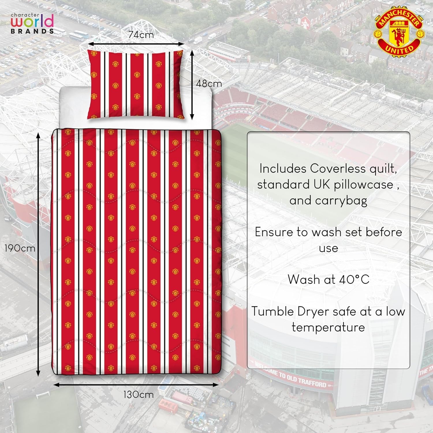 Manchester United FC Edredón Individual Oficial, Reversible, Rojo y Blanco, Sin Funda, Edredón de Fútbol, Funda de Almohada, Lavable, Perfecto para Viajes, Pernoctaciones, Edredones y Edredones 10,5 Tog Naty Shop