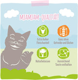 MjAMjAM - Comida húmeda premium para gatos - Pollo jugoso y salmón salvaje Paquete de 6 (6 x 400 g) Sin cereales con carne extra