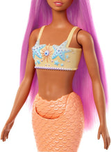 Muñeca Barbie Sirena con elegante cabello rosa y diadema, muñeca con cabeza de estrella de mar y aleta de cola naranja suave, HRR05