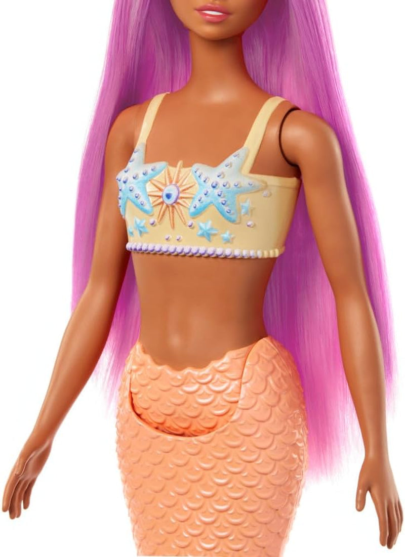 Muñeca Barbie Sirena con elegante cabello rosa y diadema, muñeca con cabeza de estrella de mar y aleta de cola naranja suave, HRR05