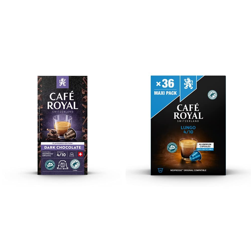 Café Royal con sabor a chocolate negro 100 cápsulas para cafetera Nespresso - intensidad 4/10 - certificado UTZ, con aluminio y Lungo 36 cápsulas para cafetera Nespresso - intensidad 4/10