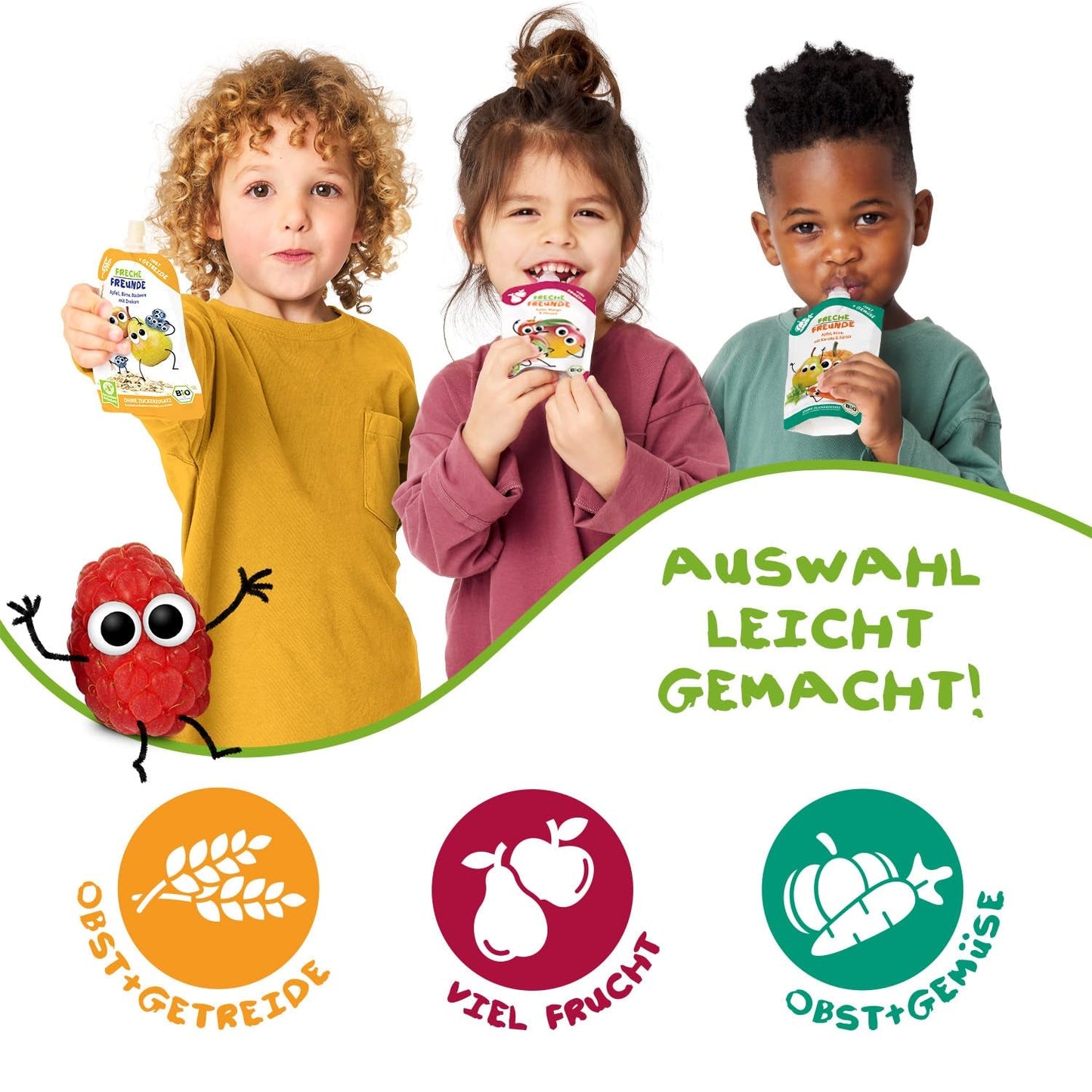 FRECHE FREUNDE Bolsita de frutas ecológicas Plátano, manzana, frambuesa, arándanos con avena, puré de frutas con cereales en bolsita comprimible para bebés a partir de 6 meses, vegano, paquete de 6 (6 x 100 g)