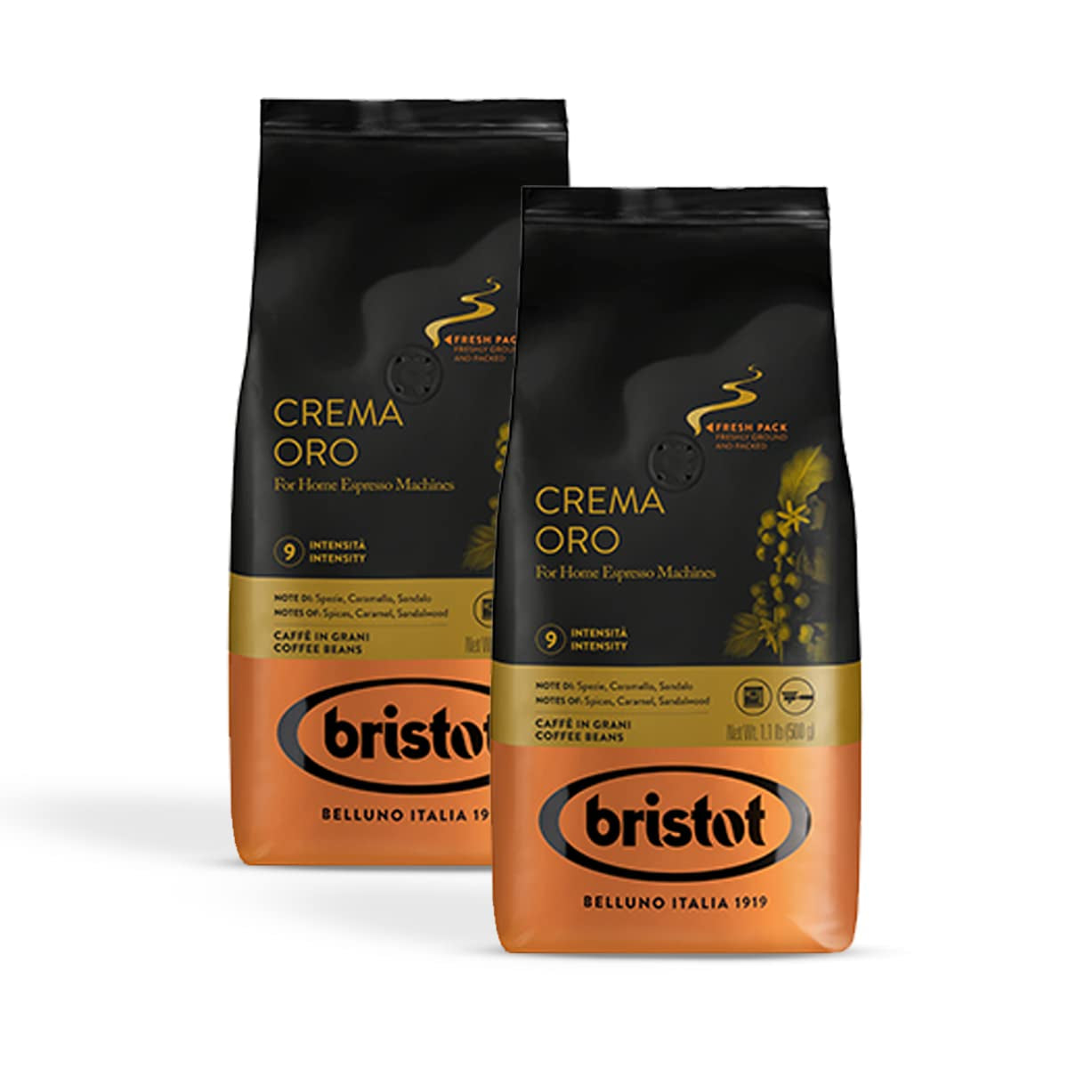 Bristot, Kaffeebohnen CREMA ORO – Total 1 kg – Mischung mit intensivo Aroma, süßem Geschmack, Gewürzen, Caramel, Sandelholznoten – Set mit 2 pro 500 g