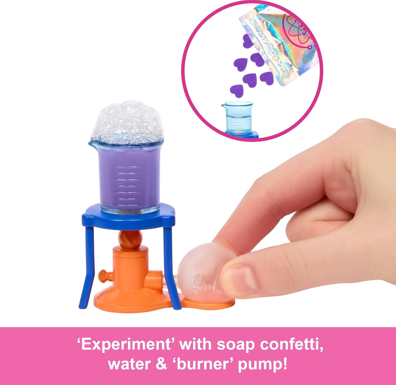 Muñeca científica Barbie y accesorios con moderna muñeca rubia, mesa de laboratorio, microscopio, vaso que cambia de color y placa de Petri, JCR70
