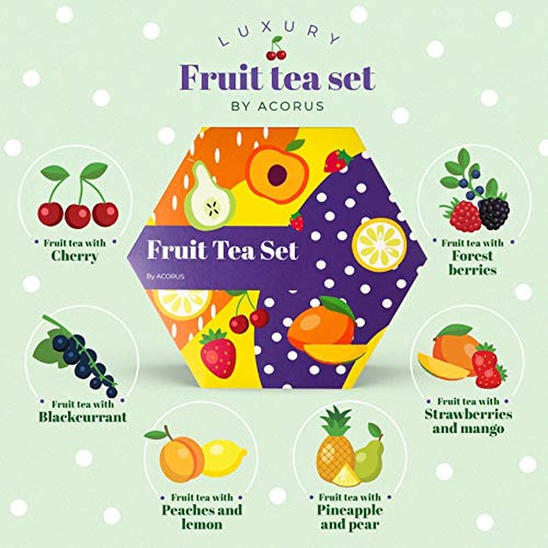 ACORO | Juego de té de frutas de lujo | Set de regalo con tés naturales en 6 sabores | Infusiones, infusiones de frutas | Surtido de tés | Caja de té con 60 bolsitas de té.