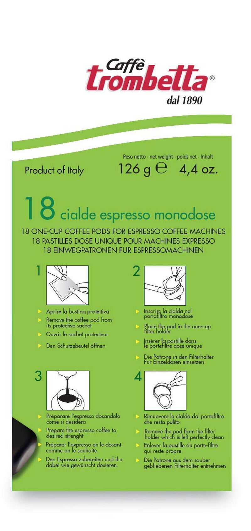 Caffè Trombetta ESE Kaffeepads, Italien Kaffee, Richhaltiges Aroma und samtiger Gesmack Biologisch - 1 paquete de 18 Kaffeepads