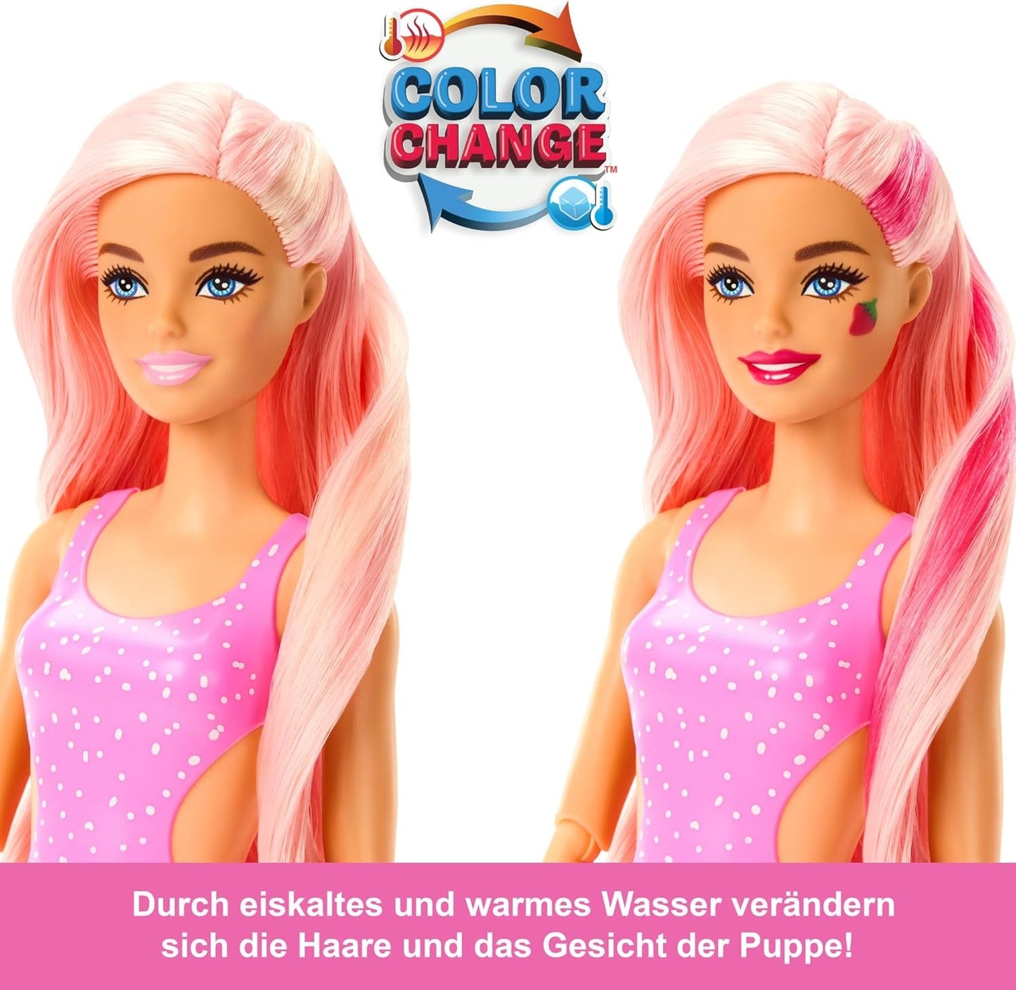 Barbie Pop Reveal Fruit: muñecas sorpresa con 8 sorpresas frutales, incluida una muñeca posicionable con aroma a limonada de fresa y un cachorro mullido, mayores de 3 años, HNW41