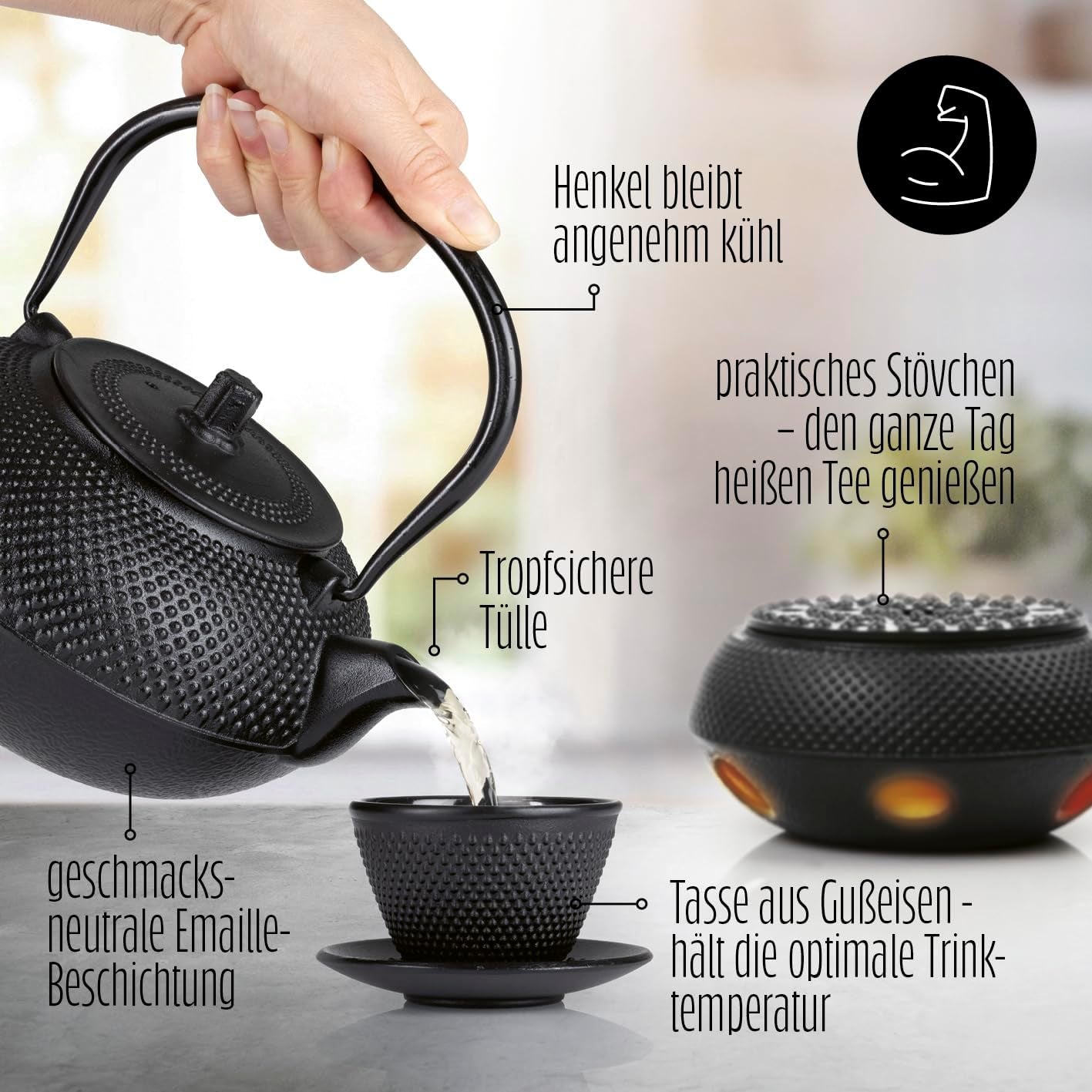 Juego de té Lumaland de 8 piezas | Tetera de hierro fundido Tetsubin de 1,4 litros | Calentador de hierro fundido | 2 tazas de té y 2 platillos | Juego de té japonés que incluye cuchara medidora de bambú e infusor de acero inoxidable.