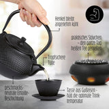 Juego de té Lumaland de 8 piezas | Tetera de hierro fundido Tetsubin de 1,4 litros | Calentador de hierro fundido | 2 tazas de té y 2 platillos | Juego de té japonés que incluye cuchara medidora de bambú e infusor de acero inoxidable.