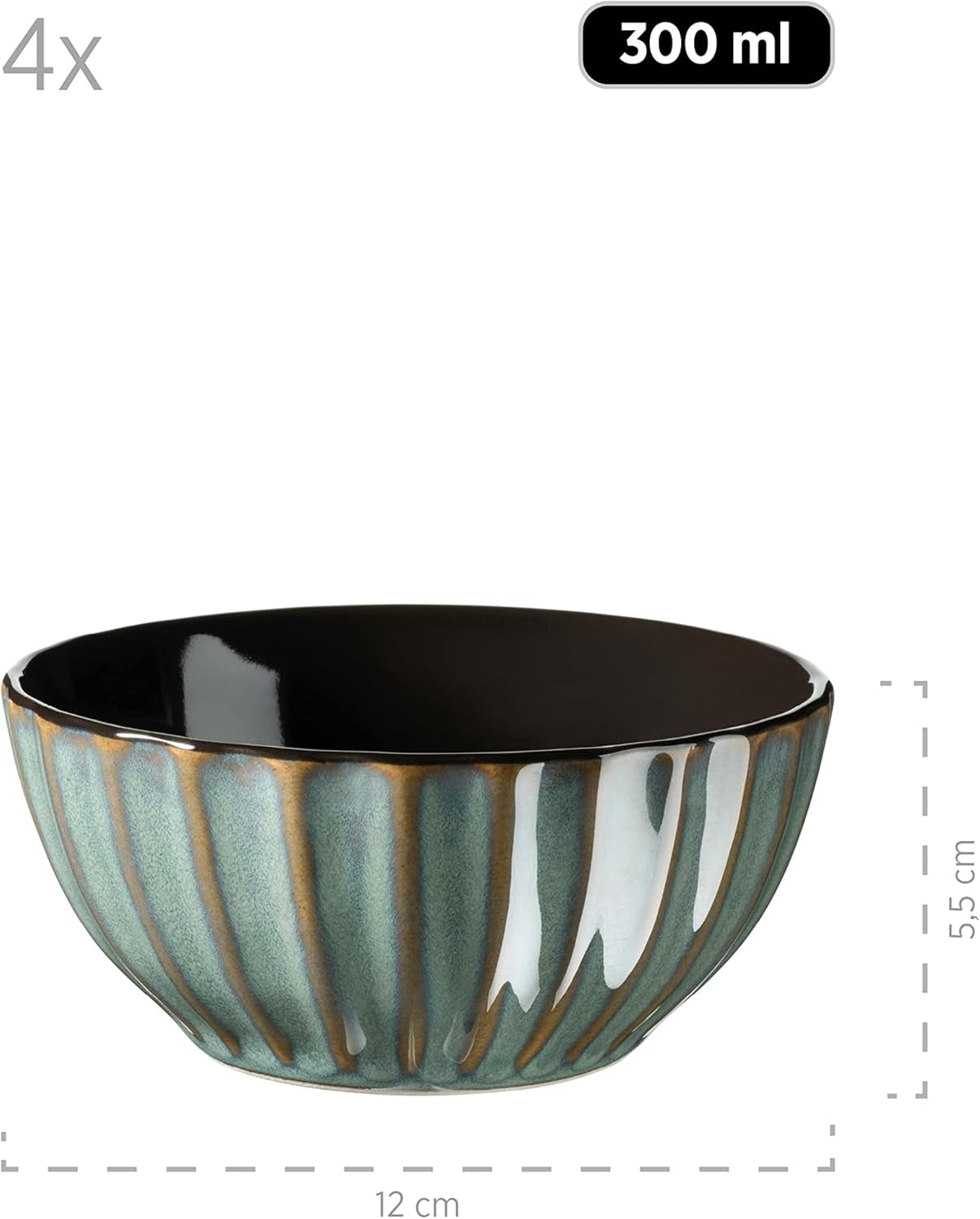 MÄSER 931966 Confino Series Vajilla para 4 personas, aspecto vintage moderno, juego de desayuno de cerámica, 12 piezas, color petróleo con detalles en negro, gres