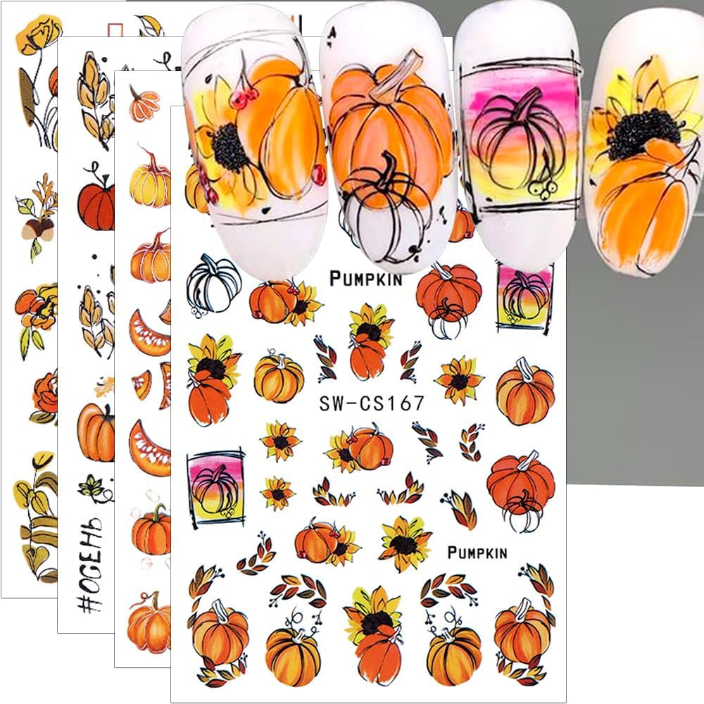 Pegatinas de uñas de otoño 3D, pegatinas de uñas de hojas de calabaza, líneas geométricas, flores, pegatinas de uñas, diseño del día de Acción de Gracias, pegatinas de uñas de calabaza de otoño, accesorios de uñas, arte de uñas