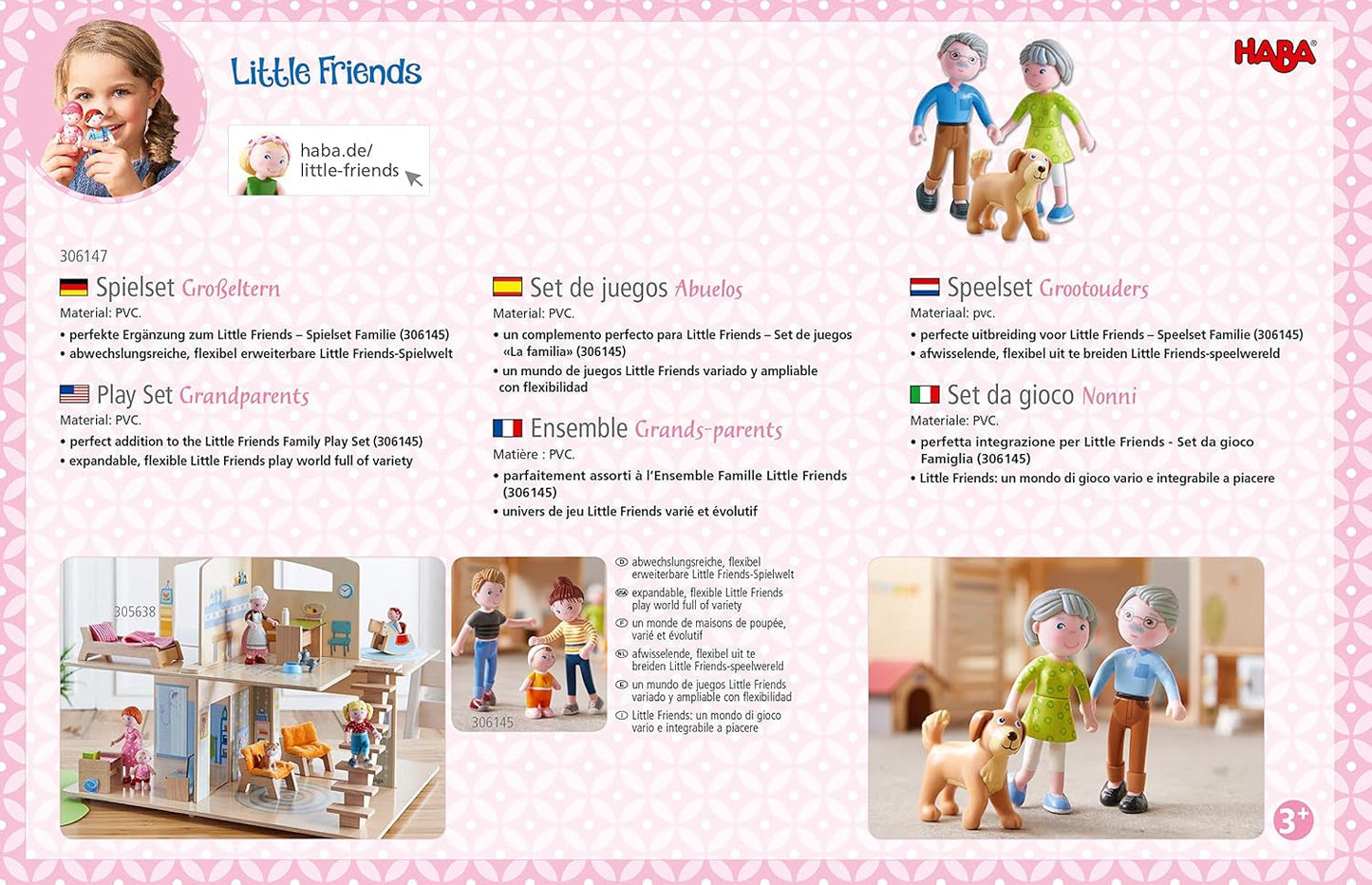 HABA 306147 - Little Friends Playset Abuelos, Muñecos y Animales Flexibles a partir de 3 años, Multicolor